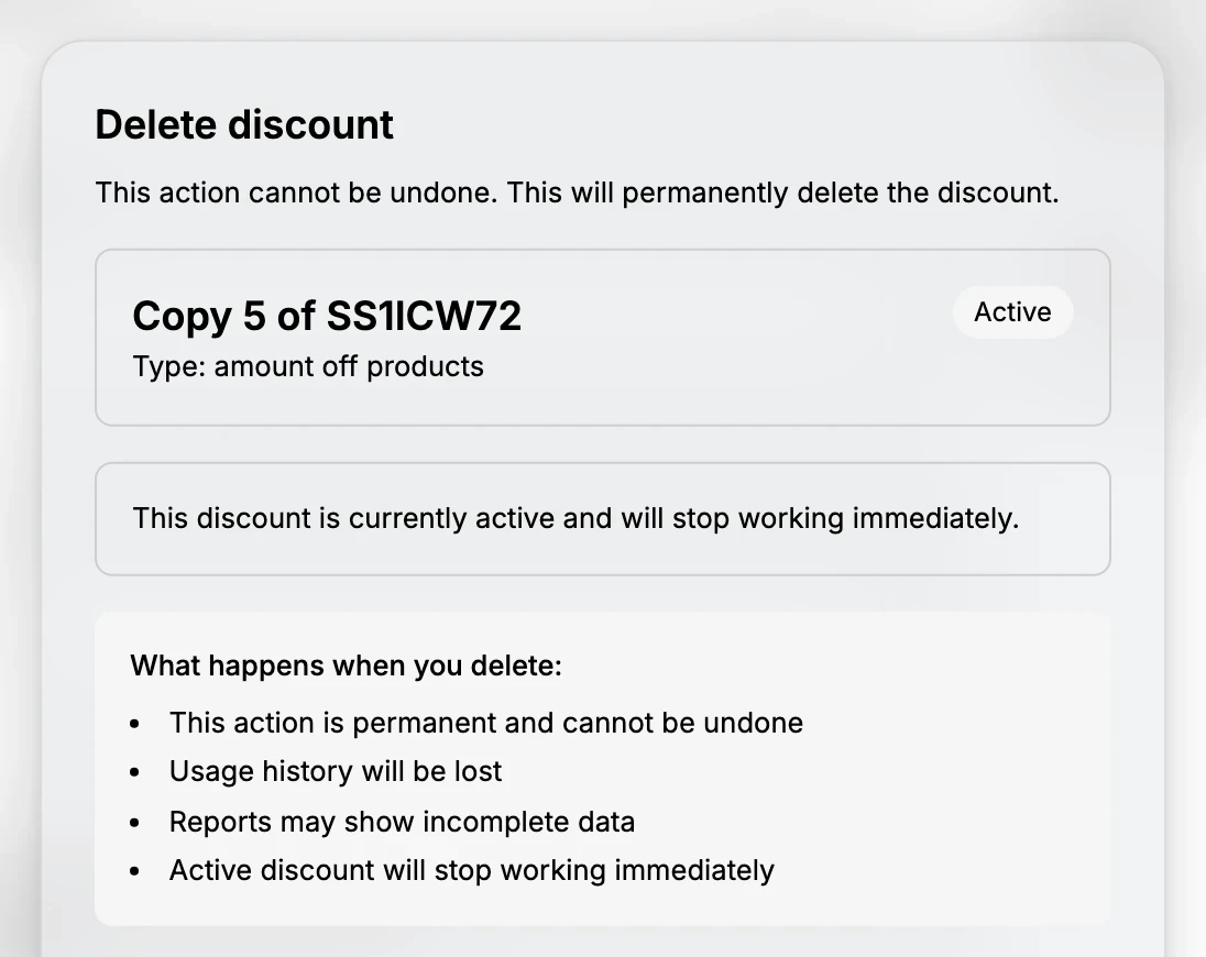 The Delete discount confirmation dialog, naming the discount and its Active status and listing under What happens when you delete that the action is permanent, usage history will be lost, reports may show incomplete data, and an active discount will stop working immediately.