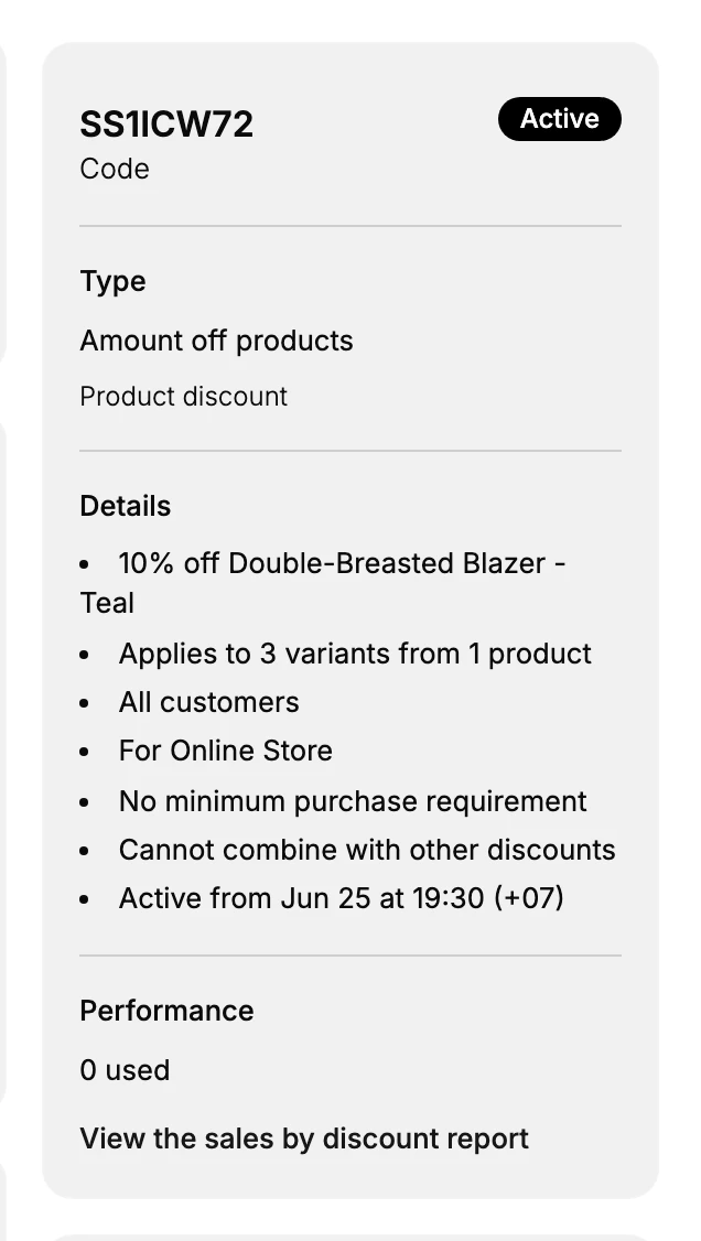 The Summary panel on a discount detail page, showing the code and Active status, the Type, a Details list of the rules, and Performance with times used and a link to the sales by discount report.