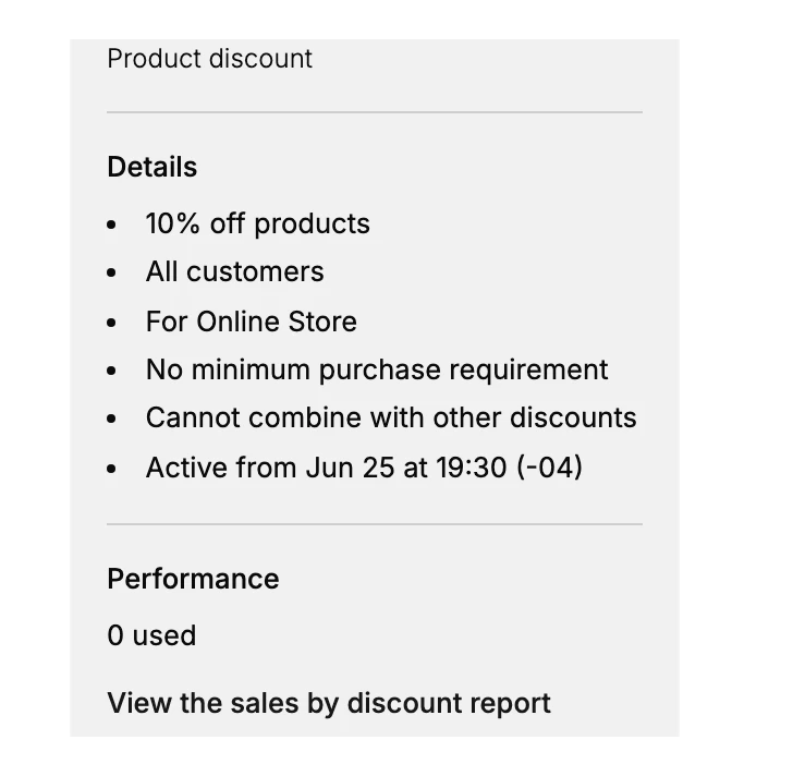 The discount Summary panel's Details and Performance area: the used count (0 used) and the View the sales by discount report link