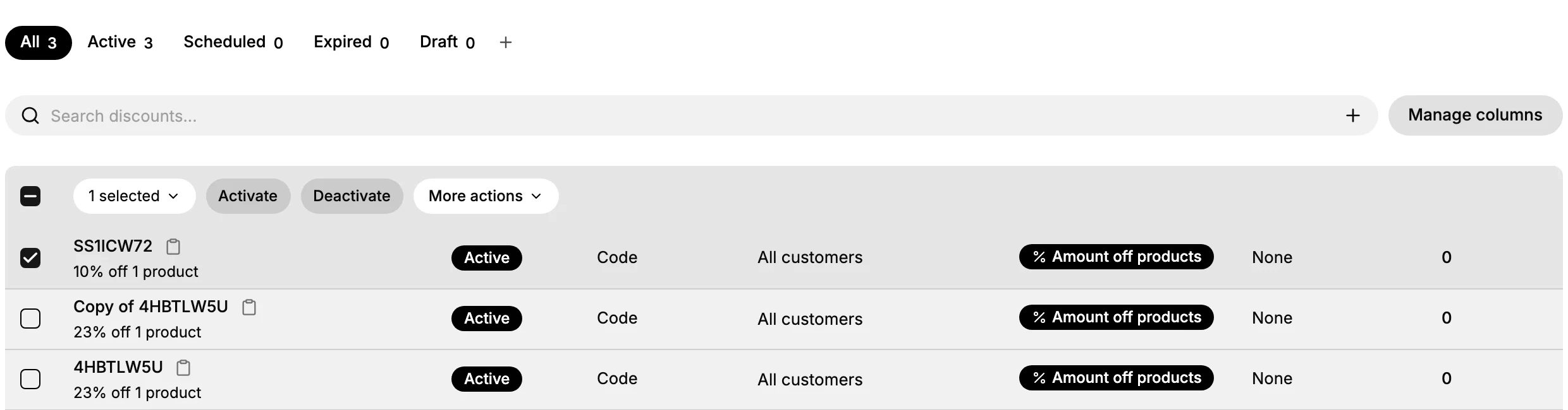 The Discounts page status tabs, the search box, Manage columns, and the bulk action bar shown after selecting a discount.