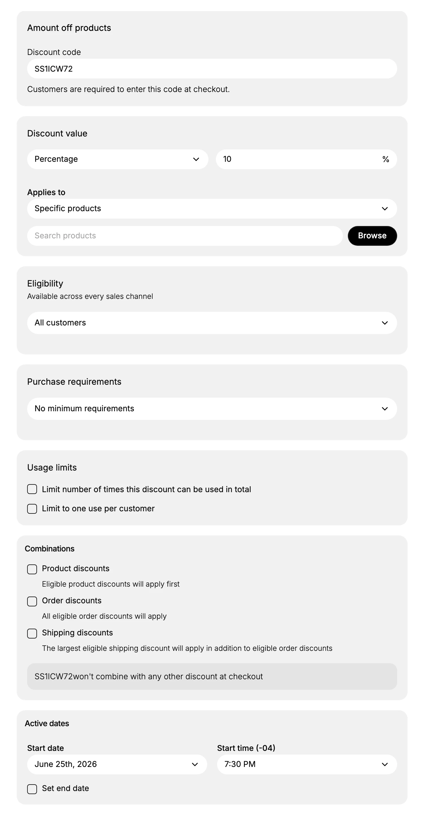 The discount form, top to bottom: the Discount code and Discount value, Applies to, Eligibility, Purchase requirements, Usage limits, Combinations, and Active dates sections