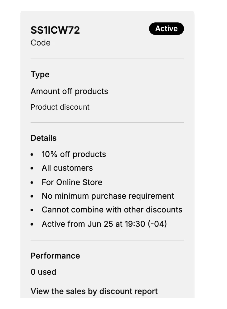 The discount Summary panel: the discount's Type and Details, then the Performance area showing the used count (0 used) and a View the sales by discount report link