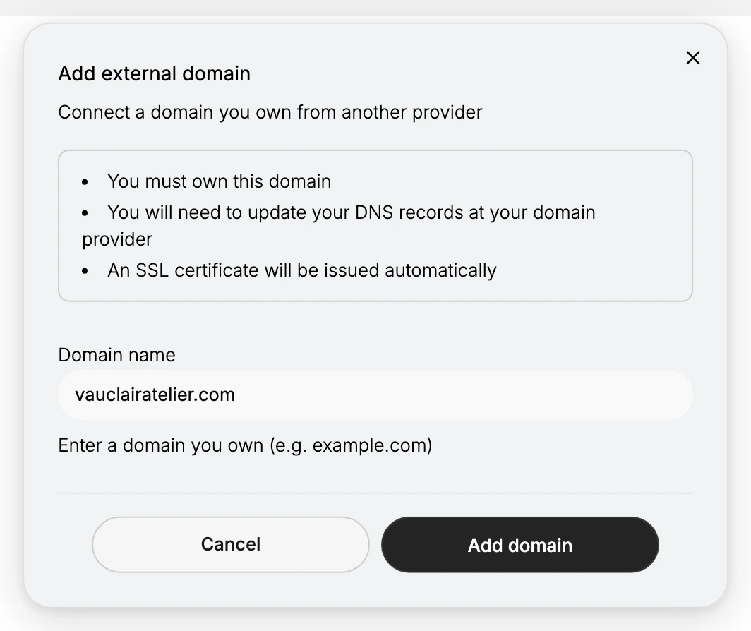 The Add external domain dialog, showing the three conditions it states, the Domain name field with a domain entered, and the Add domain button.