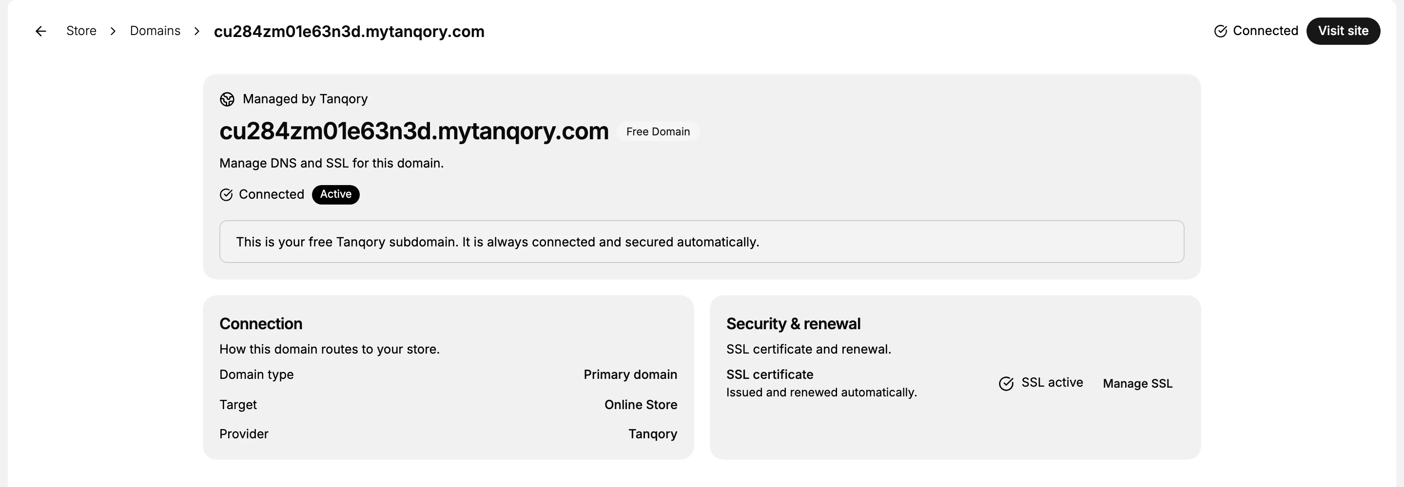 The Tanqory subdomain page. A breadcrumb reads Store, Domains, then the address ending in mytanqory.com, with Connected and a Visit site button at the top right. The main card is labelled Managed by Tanqory and Free Domain, marked Connected and Active, with a line reading that this is your free Tanqory subdomain and it is always connected and secured automatically. Below sit two cards: Connection, listing Domain type as Primary domain, Target as Online Store and Provider as Tanqory; and Security and renewal, listing an SSL certificate issued and renewed automatically, marked SSL active, with a Manage SSL action.