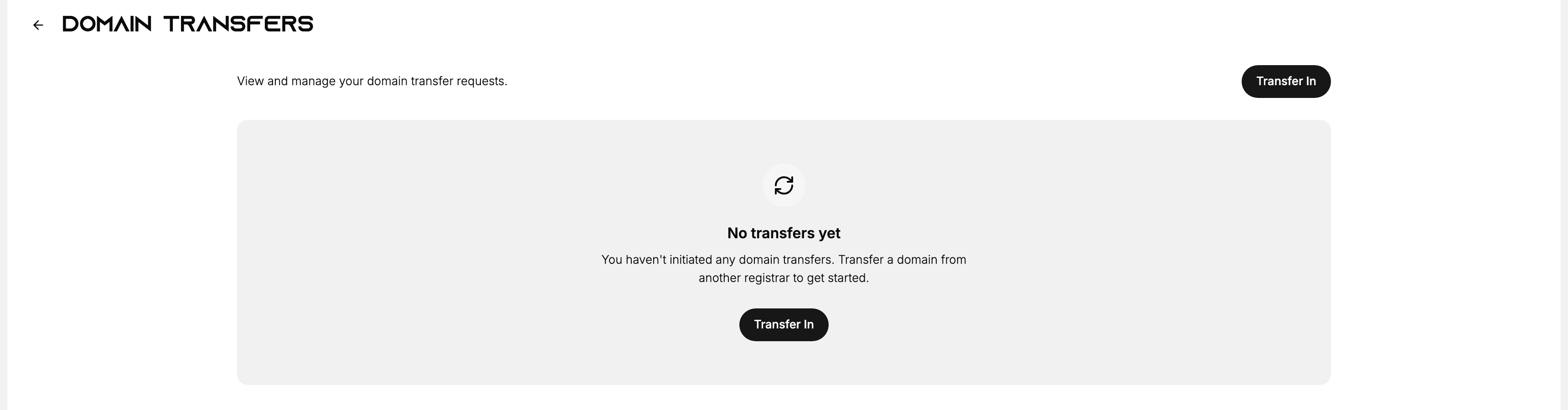 The Domain Transfers page. It reads View and manage your domain transfer requests, with a Transfer In button and, when nothing has been started, a No transfers yet empty state.
