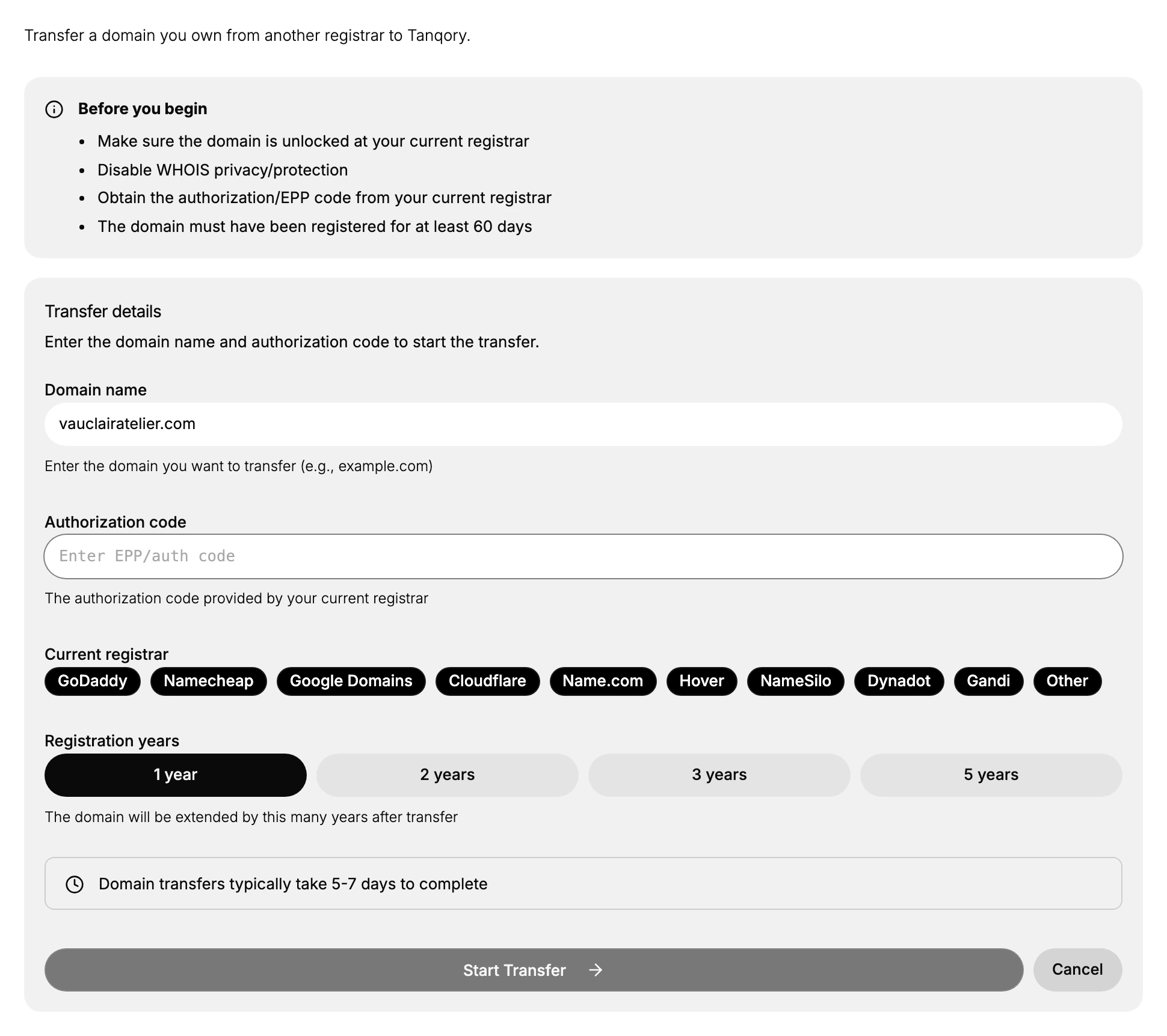 The Transfer domain in form: a Before you begin checklist, then Domain name and Authorization code fields, a Current registrar choice, Registration years, and a Start Transfer button.