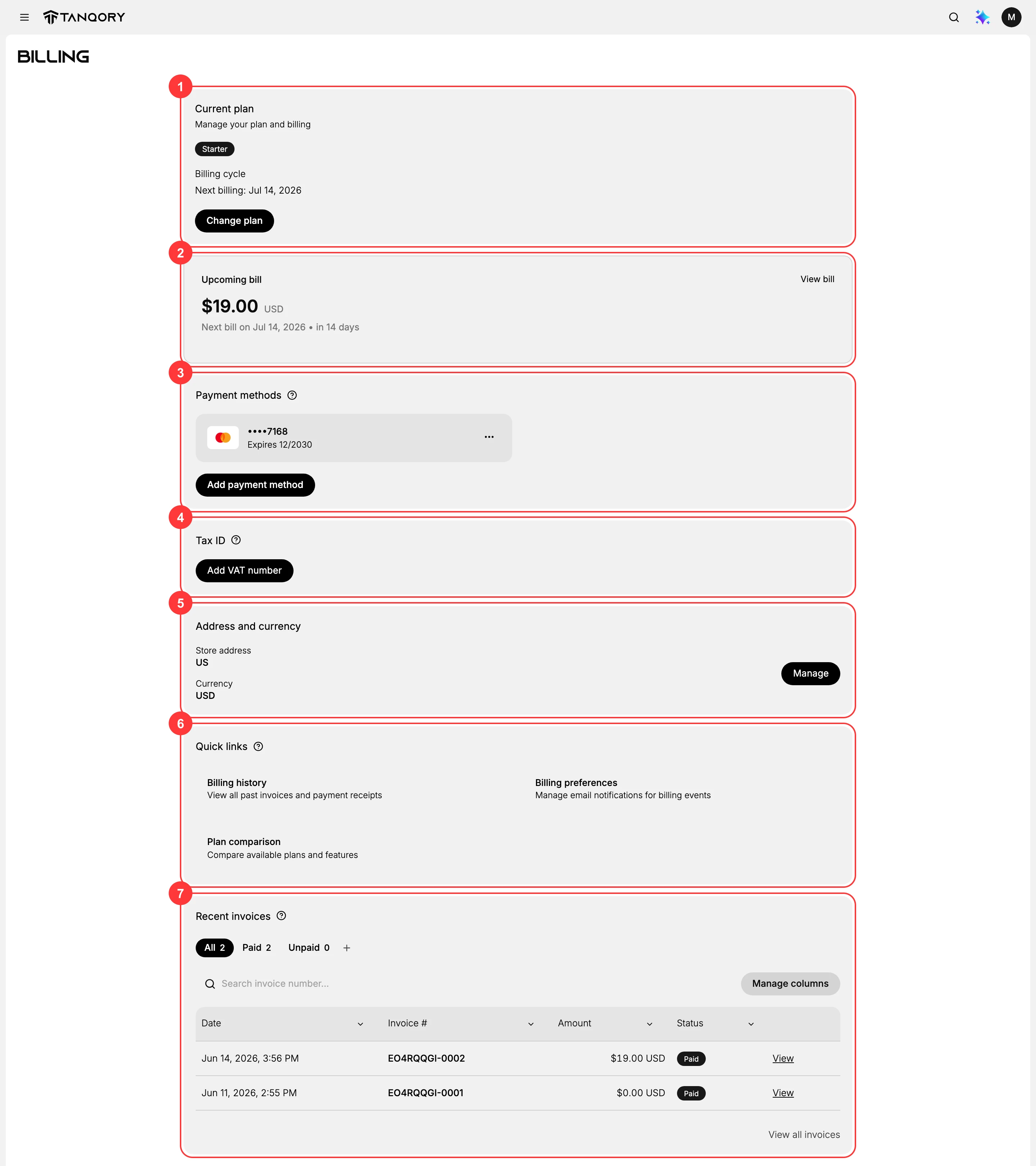 The Billing page in one view: (1) Current plan with your tier and next billing date; (2) Upcoming bill with the next charge; (3) Payment methods; (4) Tax ID; (5) Address and currency; (6) Quick links to history, preferences, and plan comparison; (7) Recent invoices