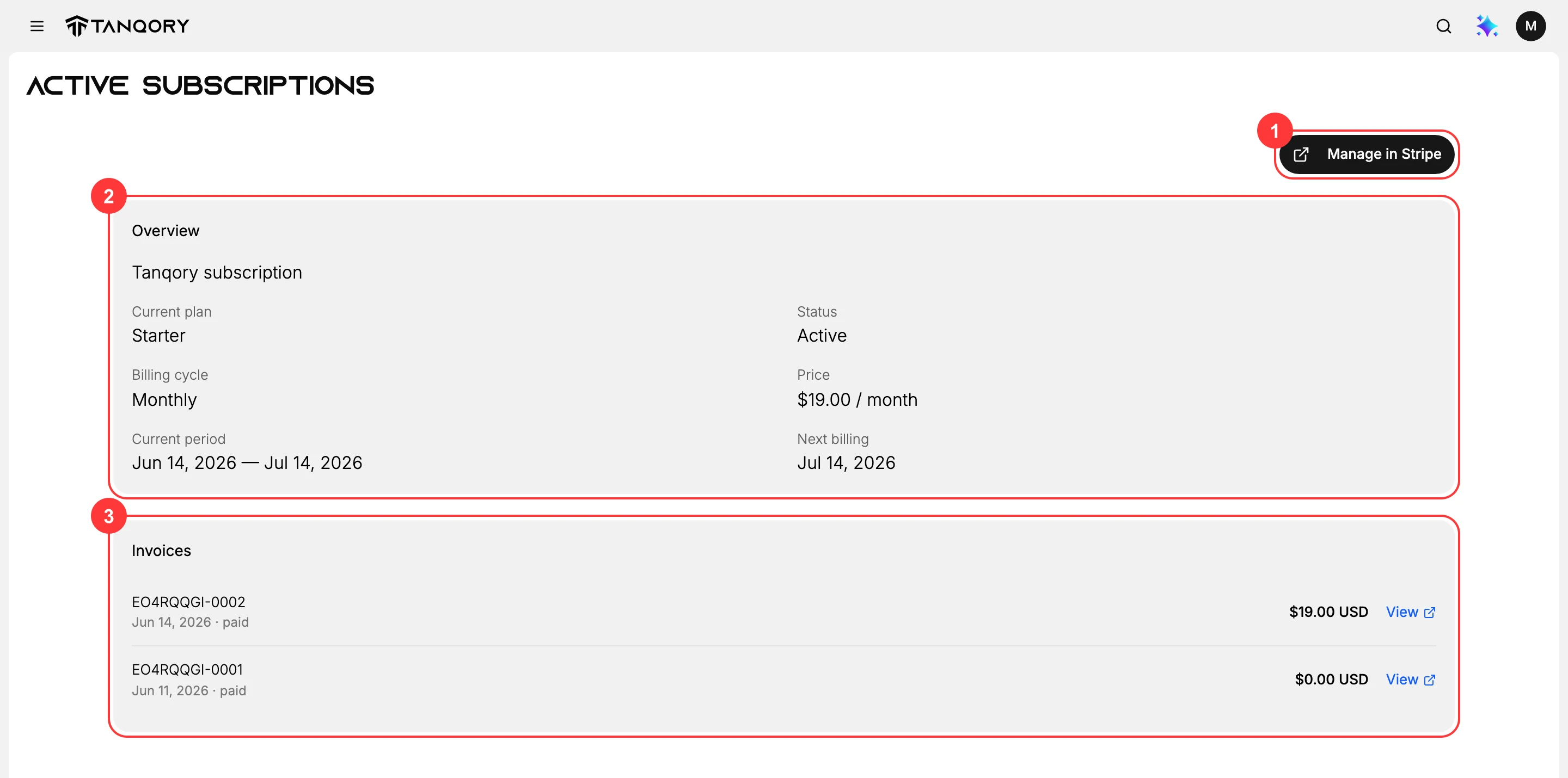 The Subscriptions page: (1) the Manage in Stripe button; (2) the Overview card with plan, status, billing cycle, price, period, and next billing; (3) the Invoices list