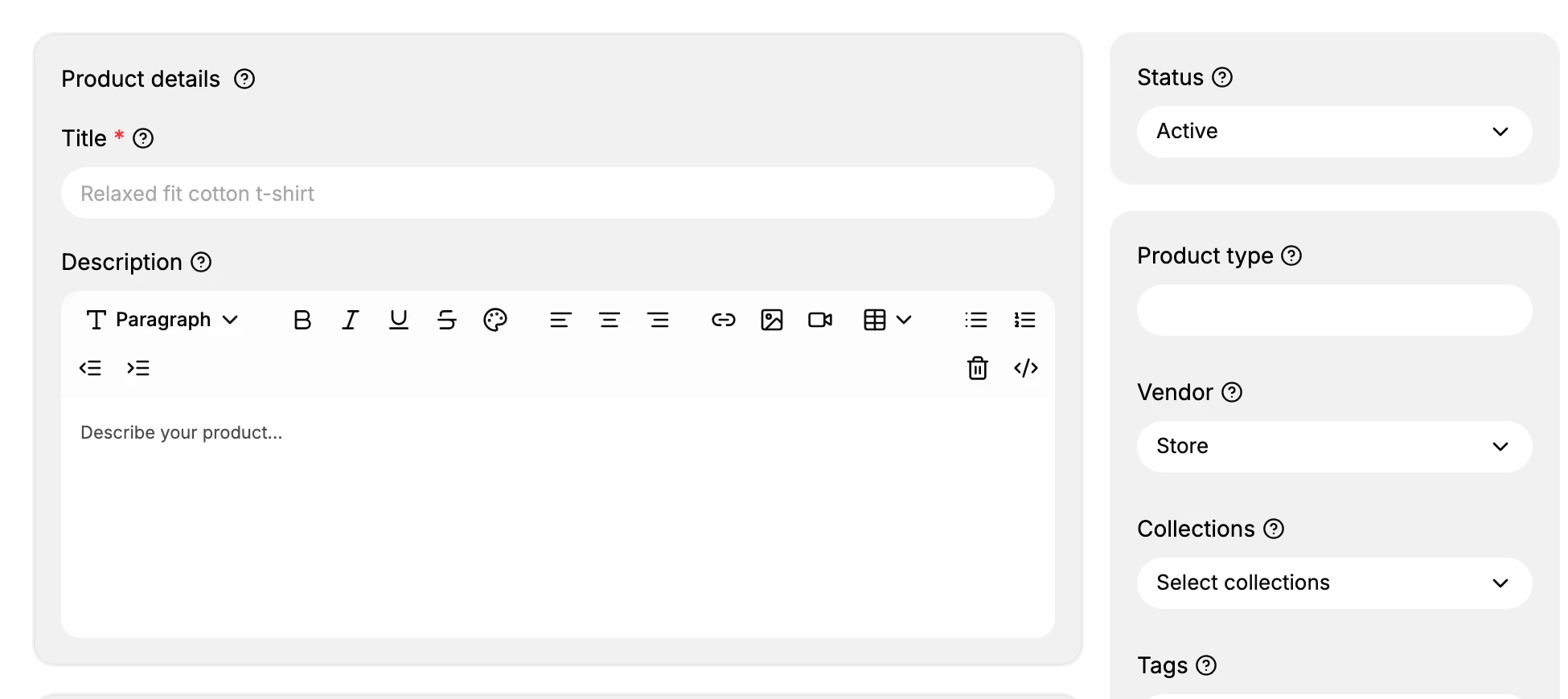 Step 1: The new product form. Product details holds the Title (required) and Description; the right column shows the Status, set to Active, with Product type, Vendor, Collections, and Tags.