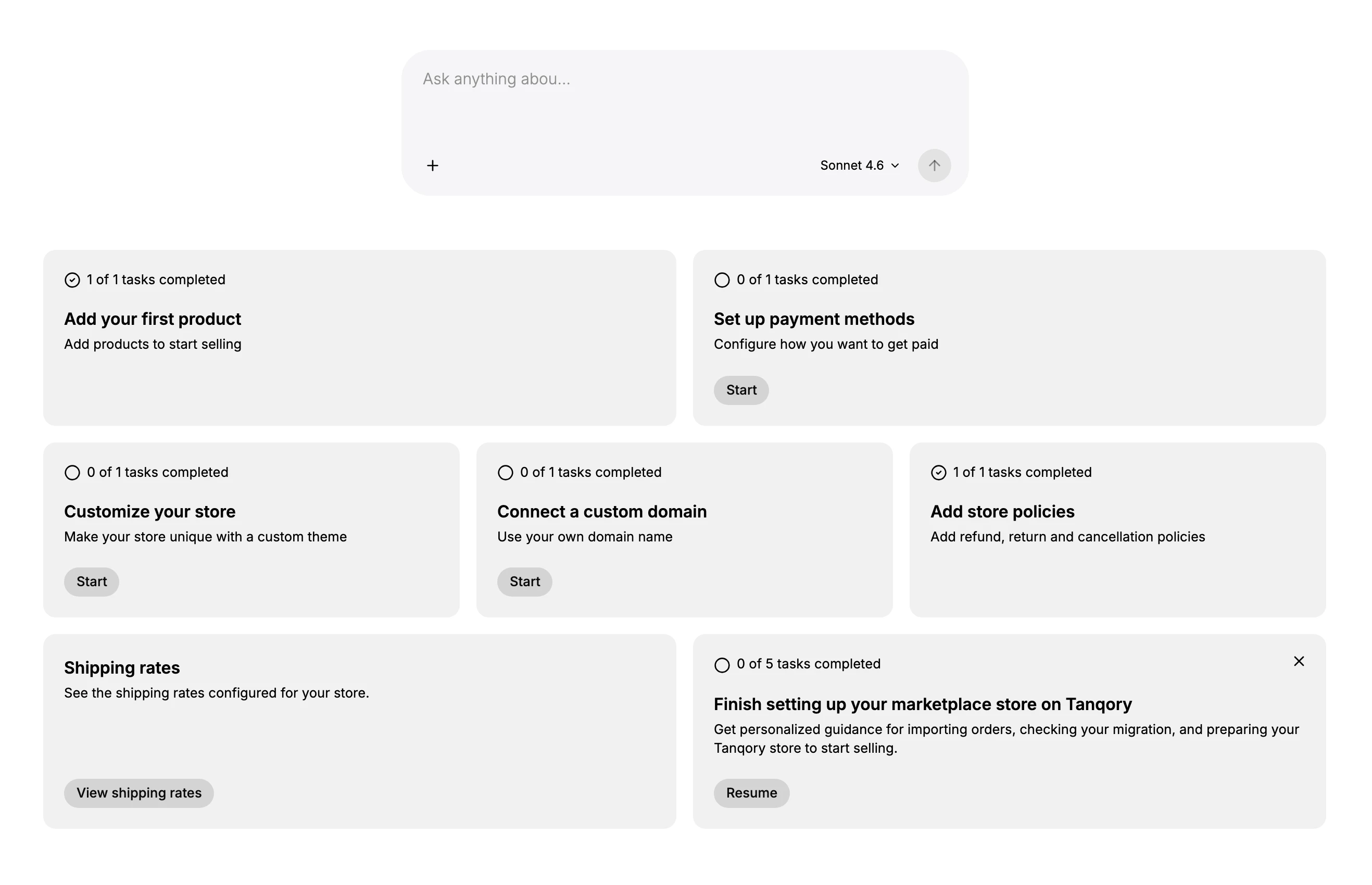 Home in the Tanqory admin: the assistant box at the top with its model selector, and the setup task cards below it, each showing how many of its tasks are done and an action button