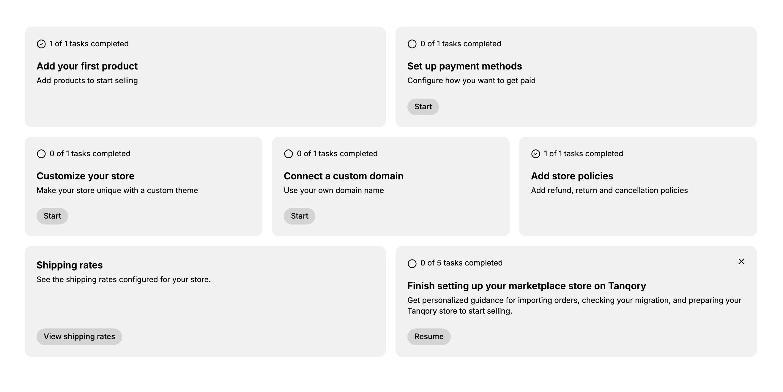 The setup task cards on Home: Add your first product, Set up payment methods, Customize your store, Connect a custom domain, Add store policies, Shipping rates, and the Finish setting up your marketplace store card