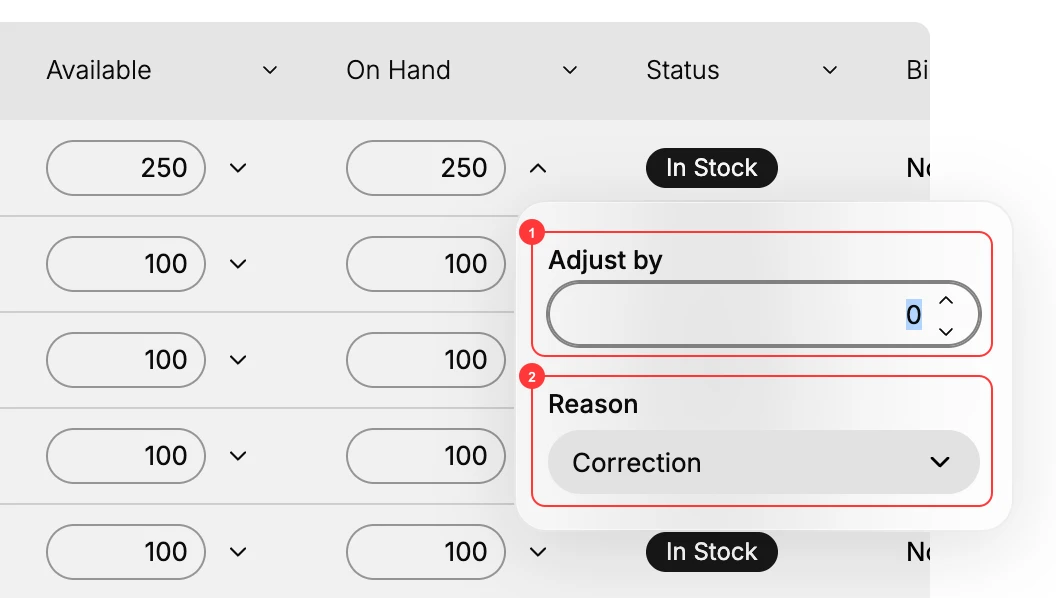 Adjust panel: (1) Adjust by field, (2) Reason menu