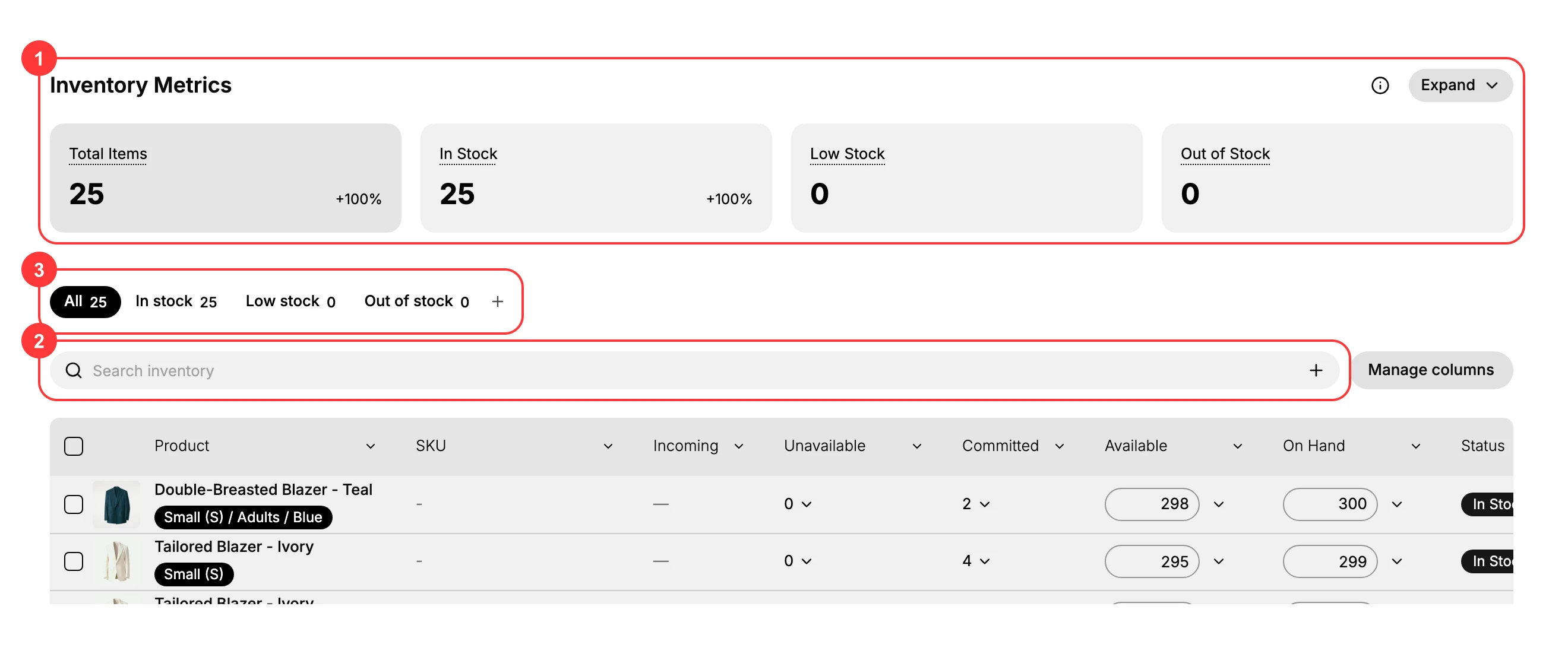 Inventory page: (1) Inventory Metrics, (2) Search inventory, (3) status filter tabs