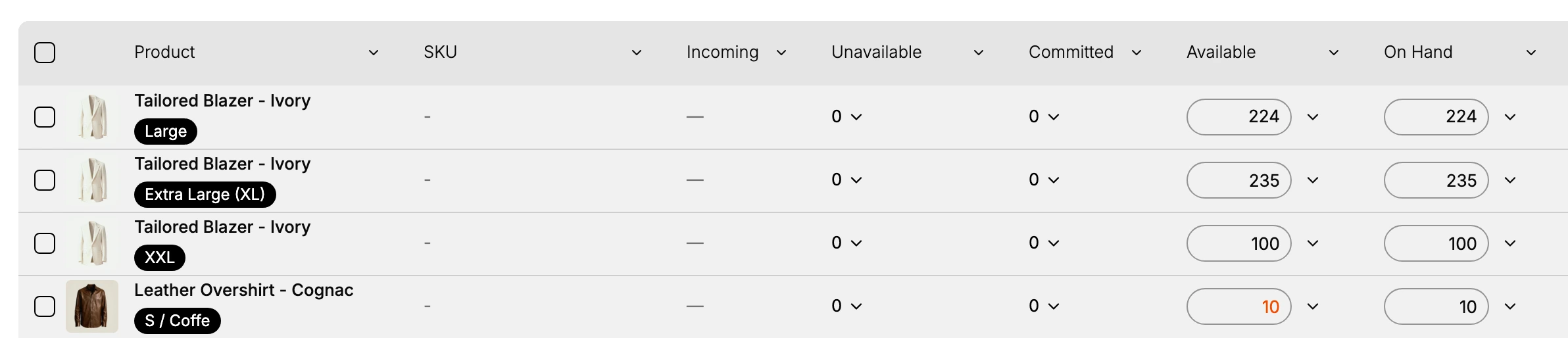The Inventory list with its column headers and four product rows: Product, SKU, Incoming, Unavailable, Committed, Available and On Hand, with the Leather Overshirt in S / Coffe showing an Available of 10 in orange