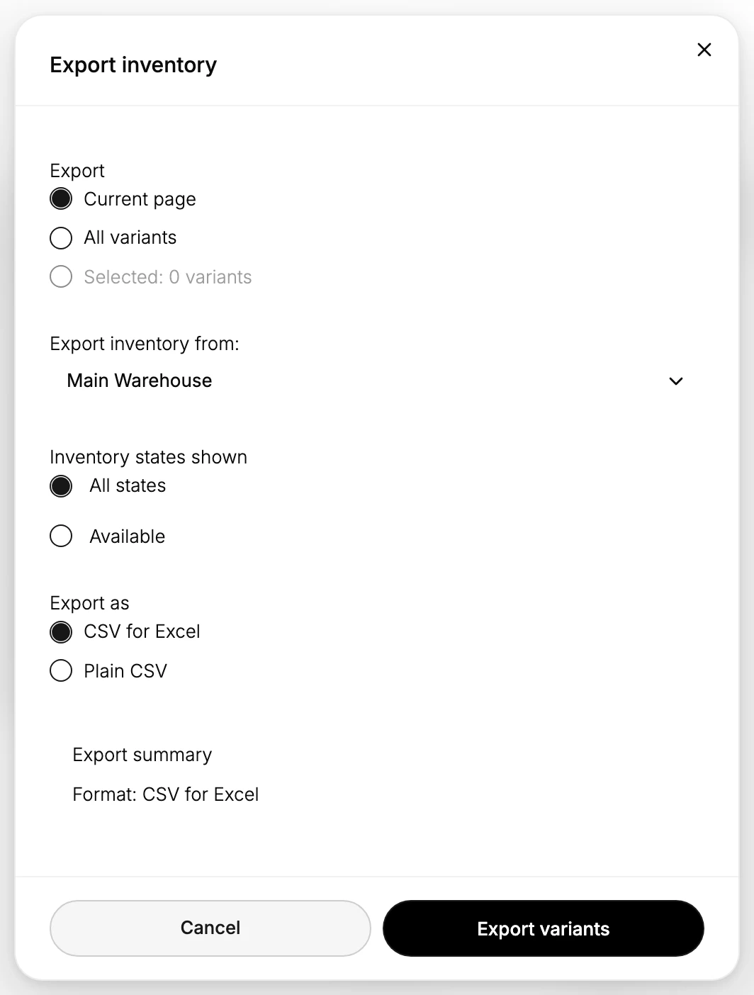 The Export inventory dialog: choose the scope, location, inventory states, and CSV format, then Export variants