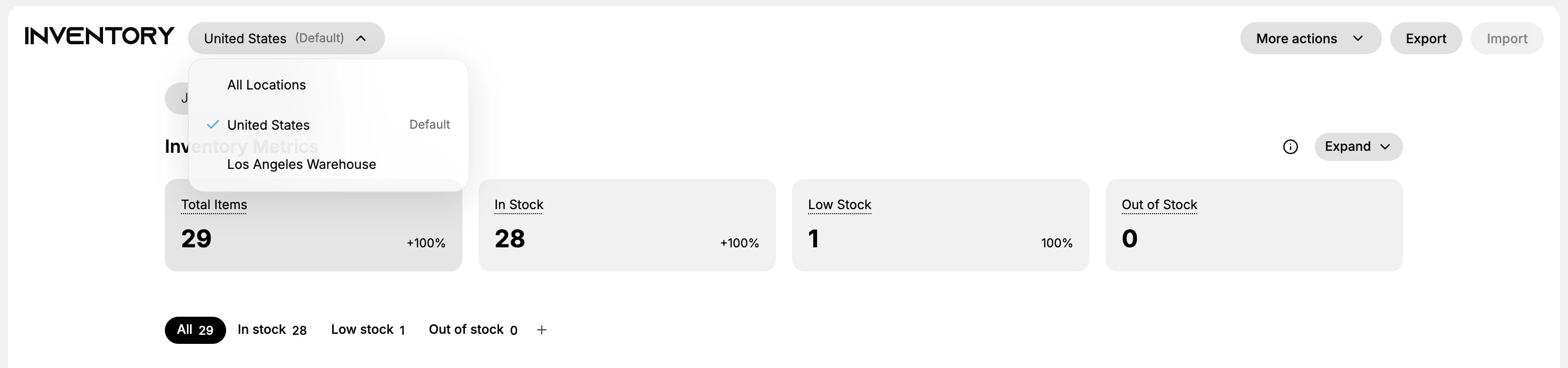 The Inventory page with the location selector open, listing All Locations, United States marked Default with a check beside it, and Los Angeles Warehouse, above the Inventory Metrics cards whose counts follow whichever one is chosen