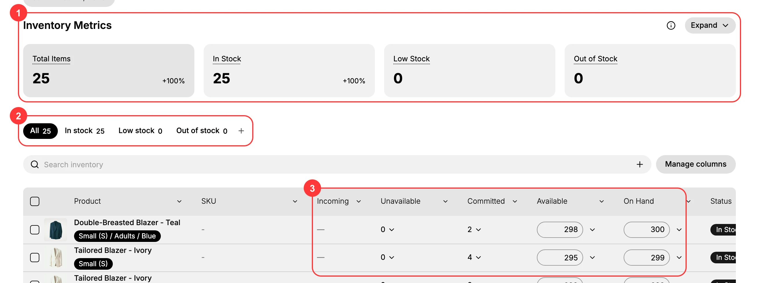 The Inventory page - the Inventory Metrics (1), the In stock / Low stock / Out of stock filters (2), and the per-SKU stock columns Incoming / Unavailable / Committed / Available / On Hand (3)