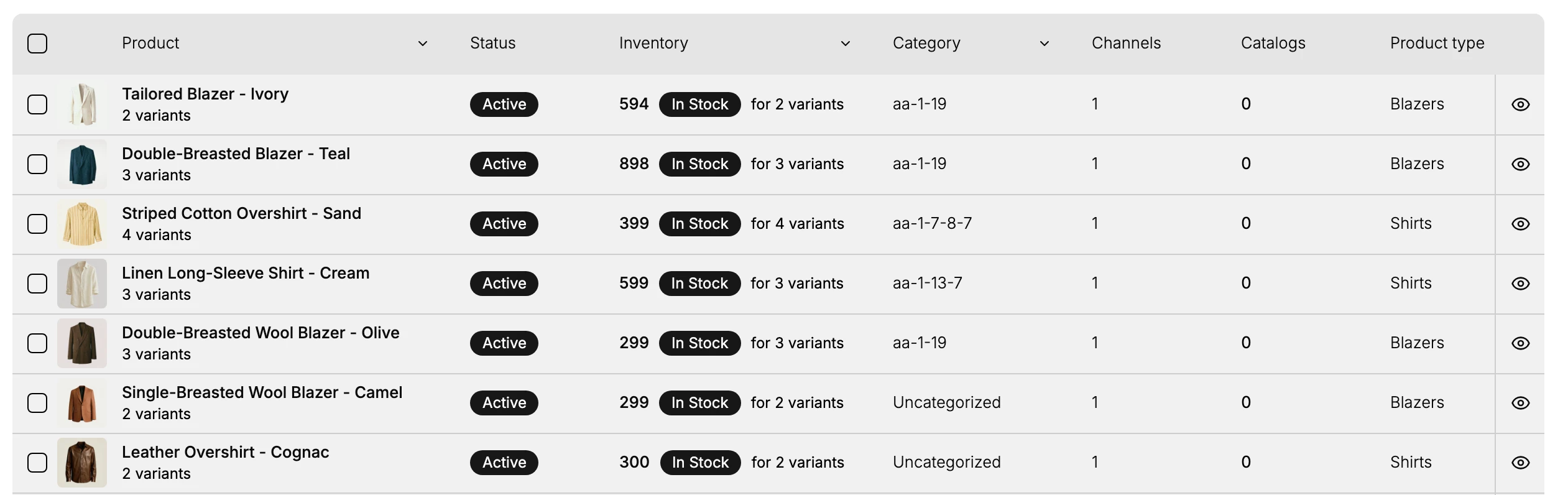 The Products list, where the Inventory column shows each product's stock count and its In Stock status alongside the Product, Status, Category, Channels, Catalogs, and Product type columns
