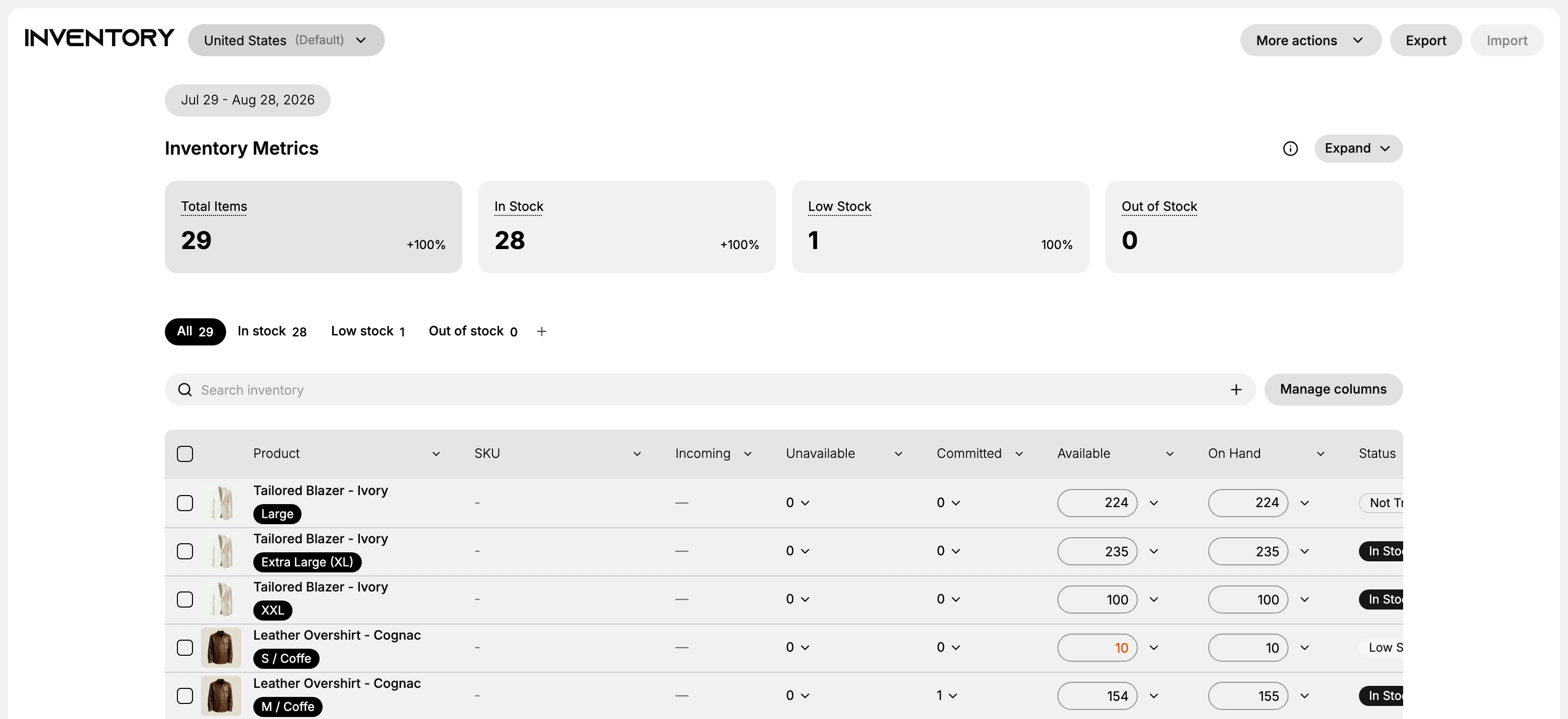 The Inventory page at the default location: the Inventory Metrics cards reading Total Items 29, In Stock 28, Low Stock 1 and Out of Stock 0, the same figures repeated on the All, In stock, Low stock and Out of stock tabs, and the product table below, where the Leather Overshirt in S / Coffe shows an Available of 10 marked Low stock