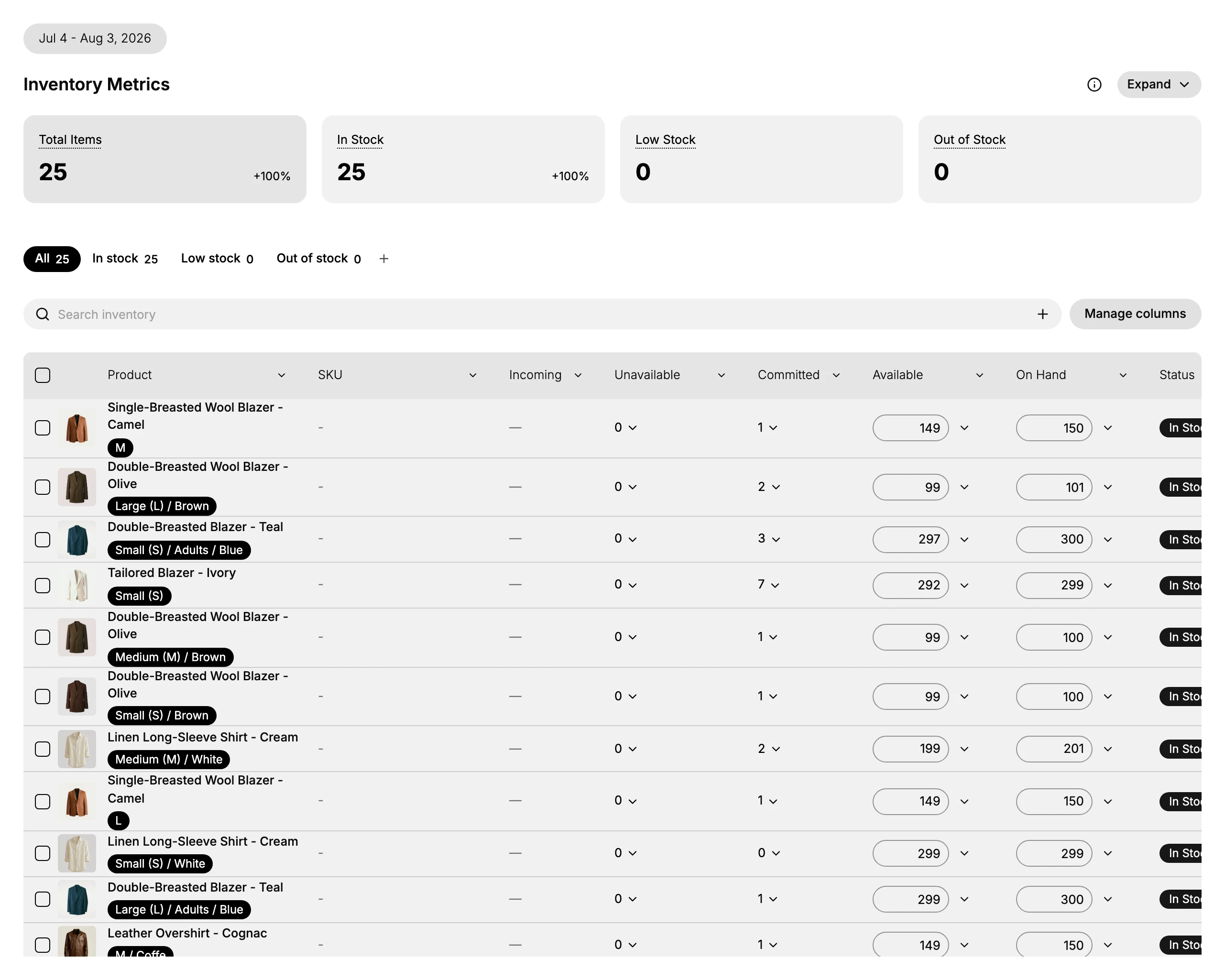 The Inventory page: the Inventory Metrics cards, the All / In stock / Low stock / Out of stock tabs, Search inventory and Manage columns, and the product table with Product, SKU, Incoming, Unavailable, Committed, Available, On Hand, and Status columns
