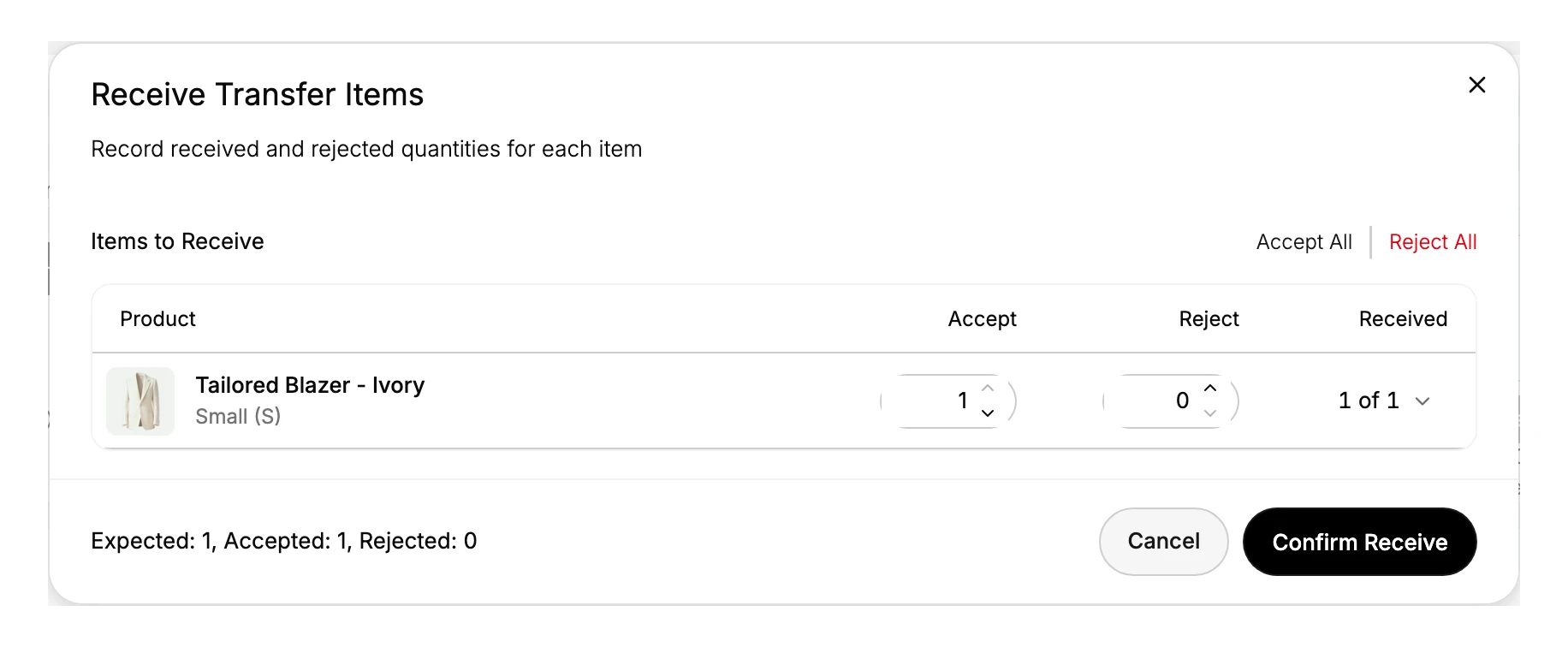 The Receive Transfer Items dialog: an Items to Receive table with Accept All and Reject All, a row per item (Tailored Blazer - Ivory, Small (S)) with Accept, Reject, and Received columns, an Expected / Accepted / Rejected summary, and a Confirm Receive button