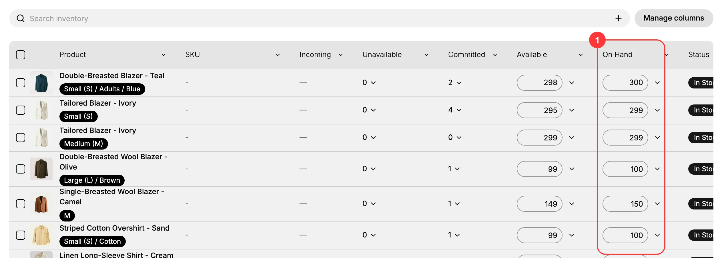 Inventory page with the On Hand column highlighted: (1) On Hand column