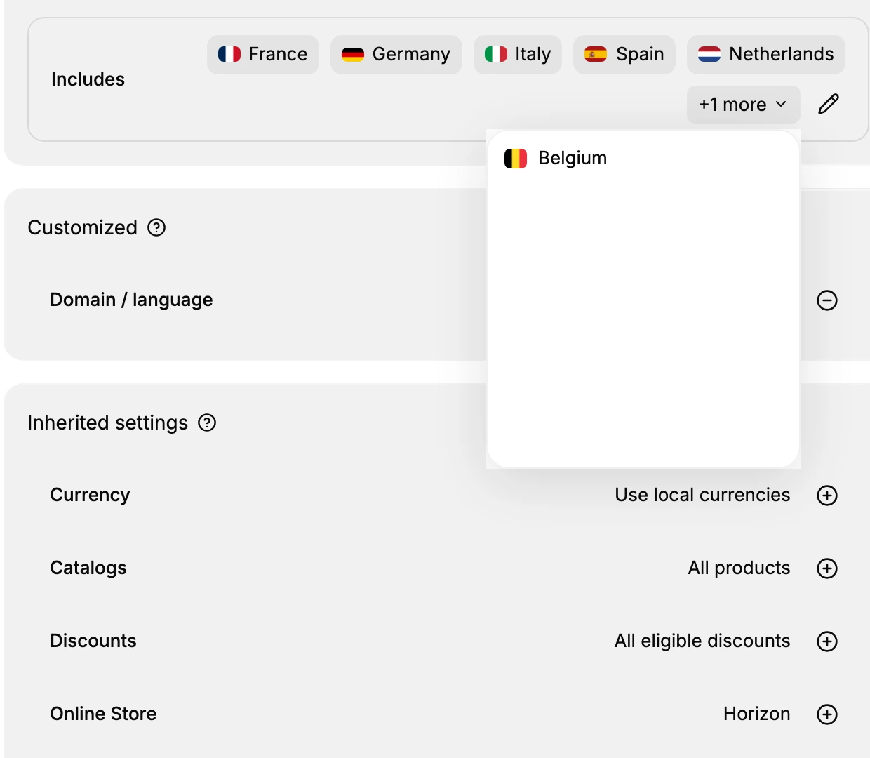 A market's Includes row showing France, Germany, Italy, Spain, and Netherlands as flags with a "+1 more" control, and a small list opened from it revealing the additional region, Belgium