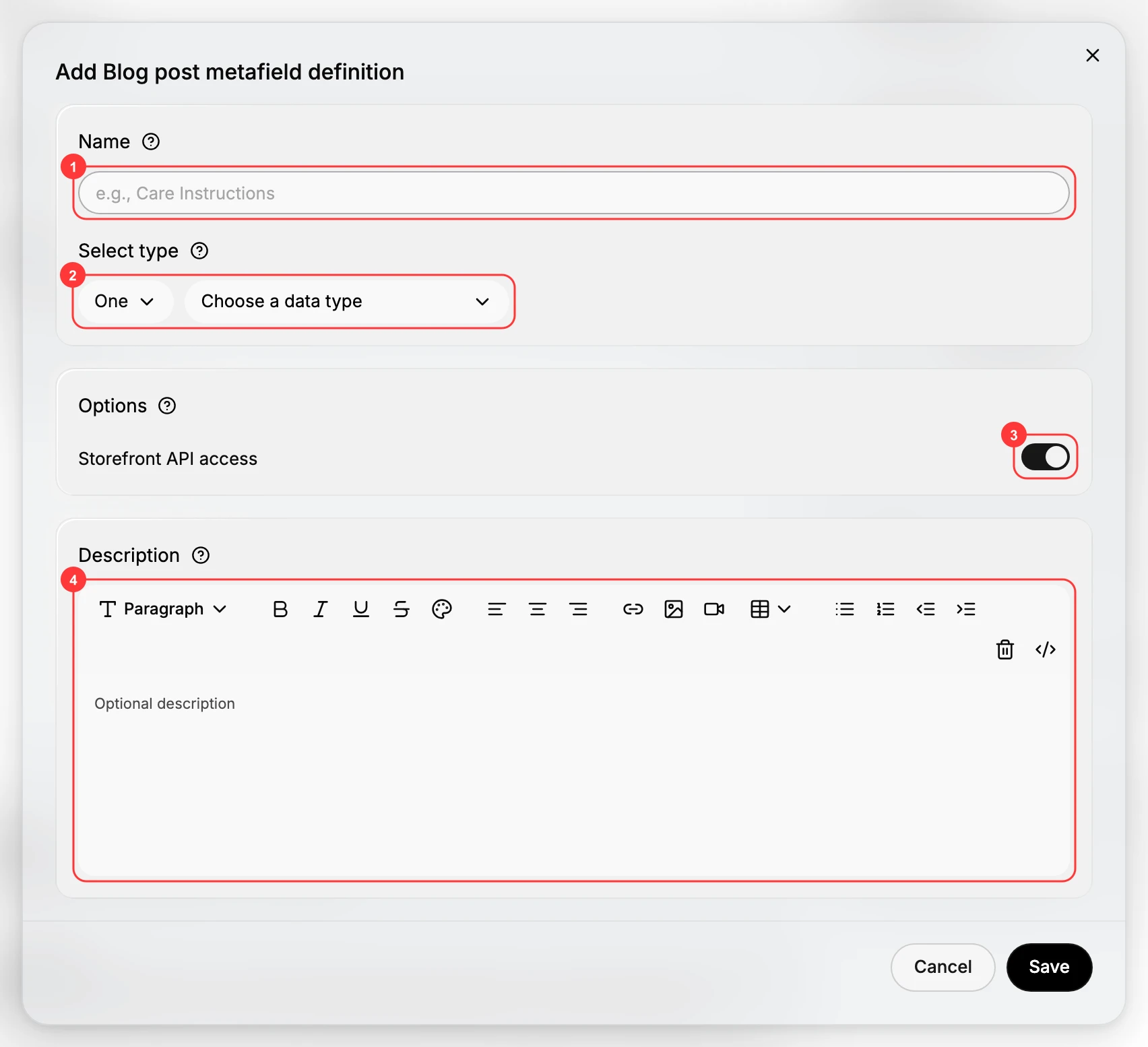 Add Blog post metafield definition dialog: the Name field (1), the Select type dropdowns (2), the Storefront API access toggle under Options (3), and the Description editor (4)