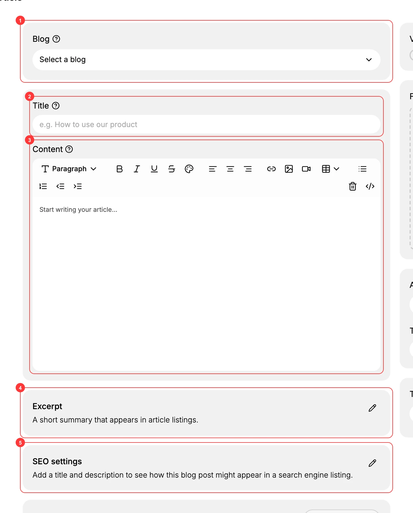 New Article editor: Blog (1), Title (2), Content (3), Excerpt (4), and SEO settings (5)