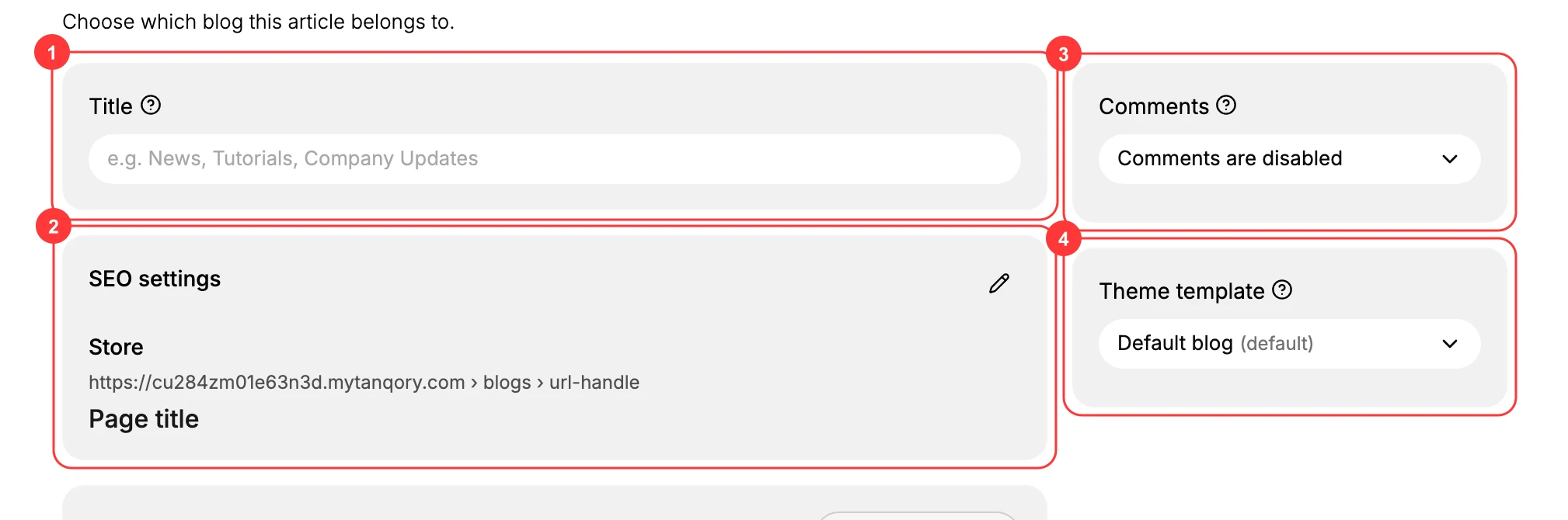 New Blog form: Title (1), SEO settings with the blog URL handle (2), Comments (3), and Theme template (4)