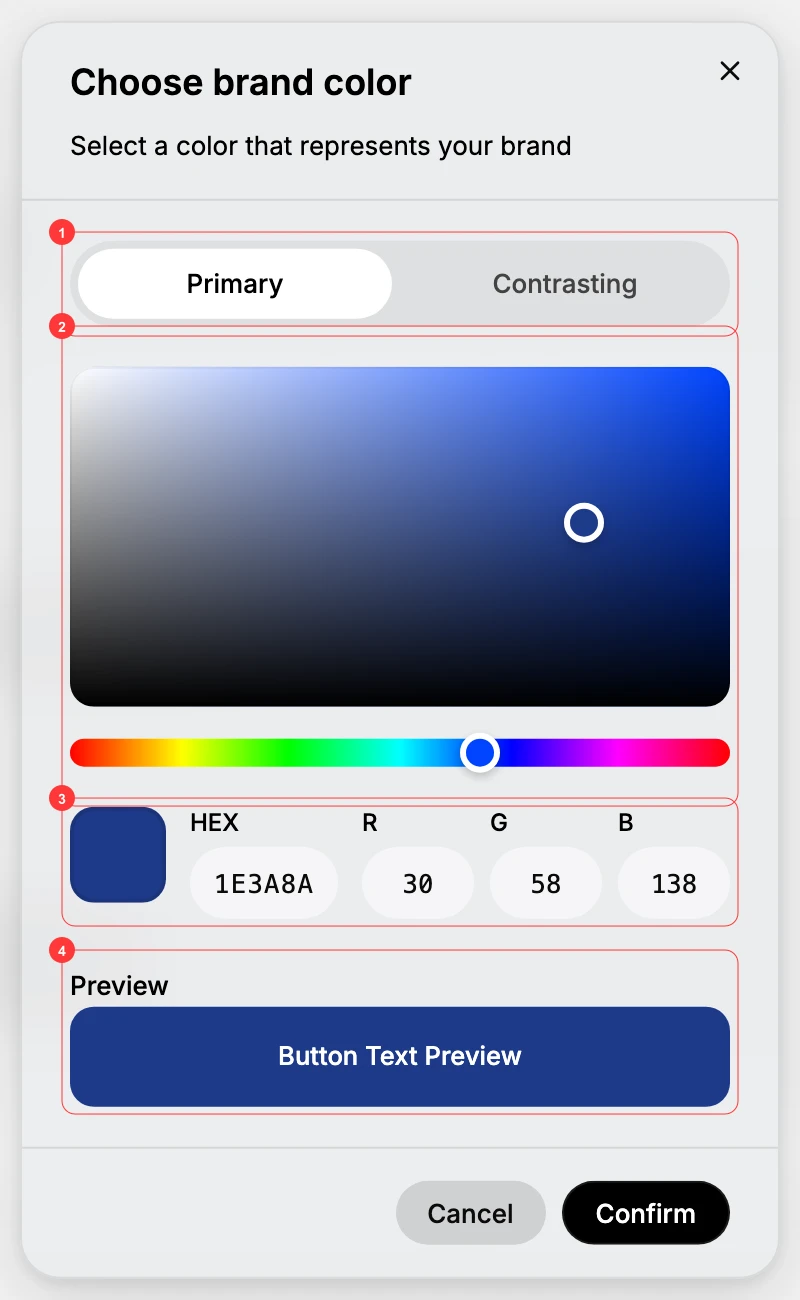 The Choose brand color picker. The Primary and Contrasting tabs (1) are the two parts of one color, the color area and hue slider (2) pick a color visually, the HEX and RGB fields (3) accept an exact value such as 1E3A8A, and the Button Text Preview (4) shows the contrasting color on the primary so you can check it stays readable.