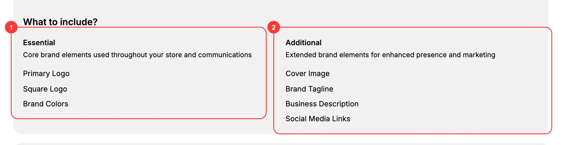 The Brand page groups elements into Essential (1) and Additional (2)