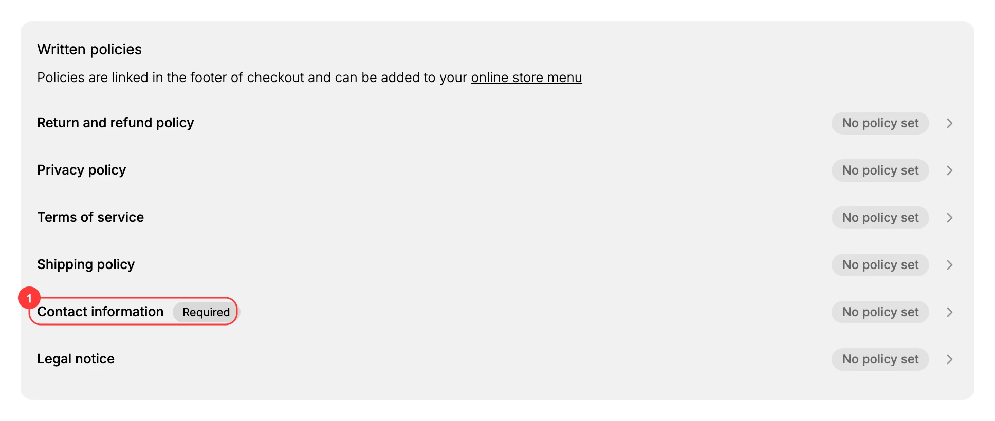 The Written policies section in Settings > Policies. Contact information (1) is marked Required. Select it to add the contact details customers use to reach you, which changes its status from No policy set.