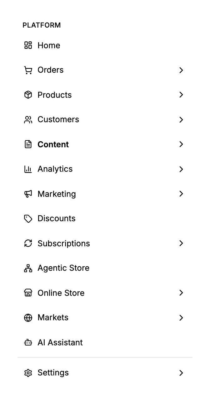 The admin sidebar with Content among the top-level sections such as Orders, Products, and Customers