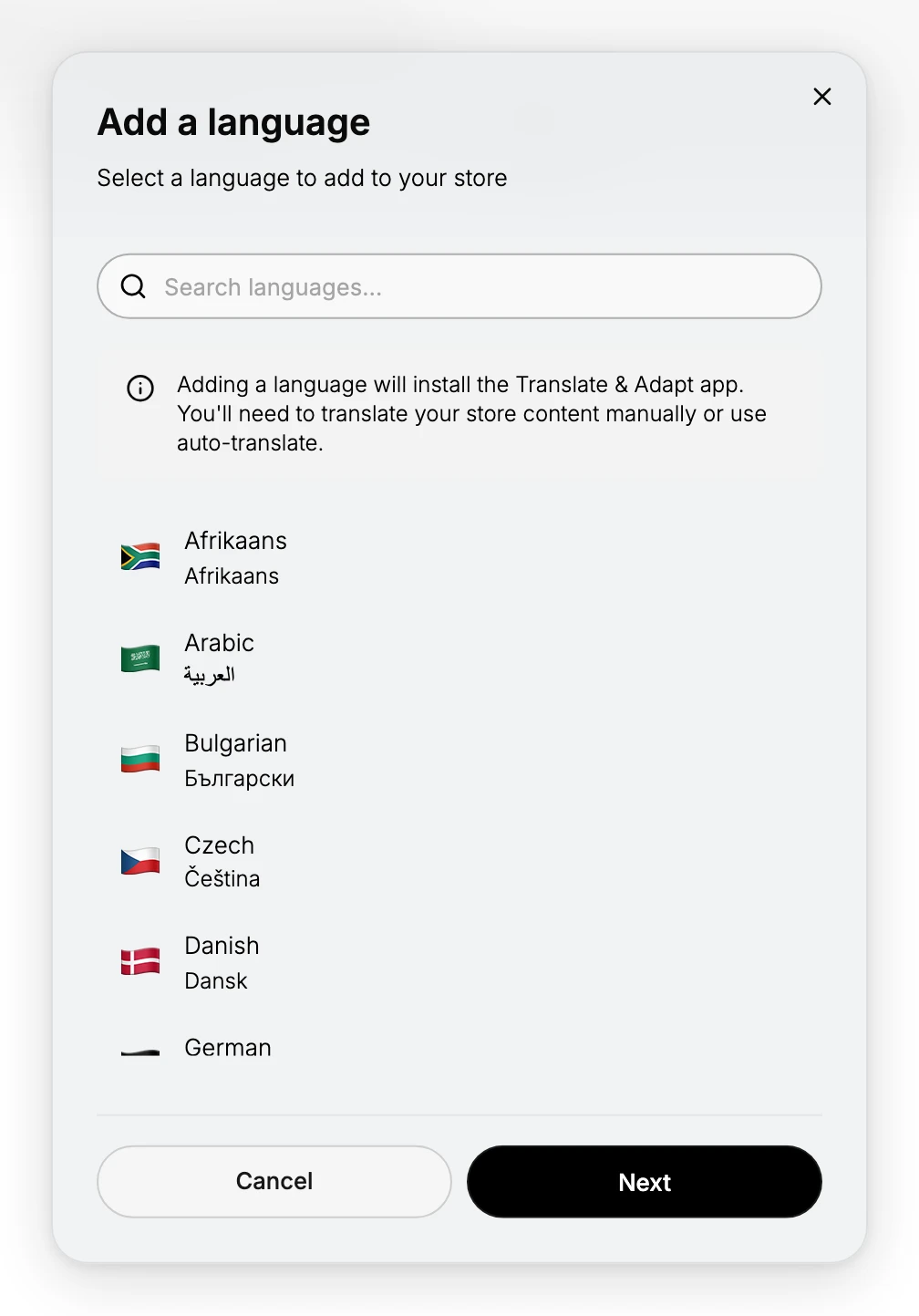 The Add a language dialog on the Languages page, with a search box, the notice that adding a language installs the Translate & Adapt app and that content must then be translated manually or with auto-translate, a list of languages with their native names, and Cancel and Next.