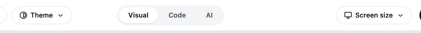 The middle of the theme builder toolbar, with the Theme control on the left, the three-way editor mode switch reading Visual, Code, and AI with Visual selected, and Screen size on the right.