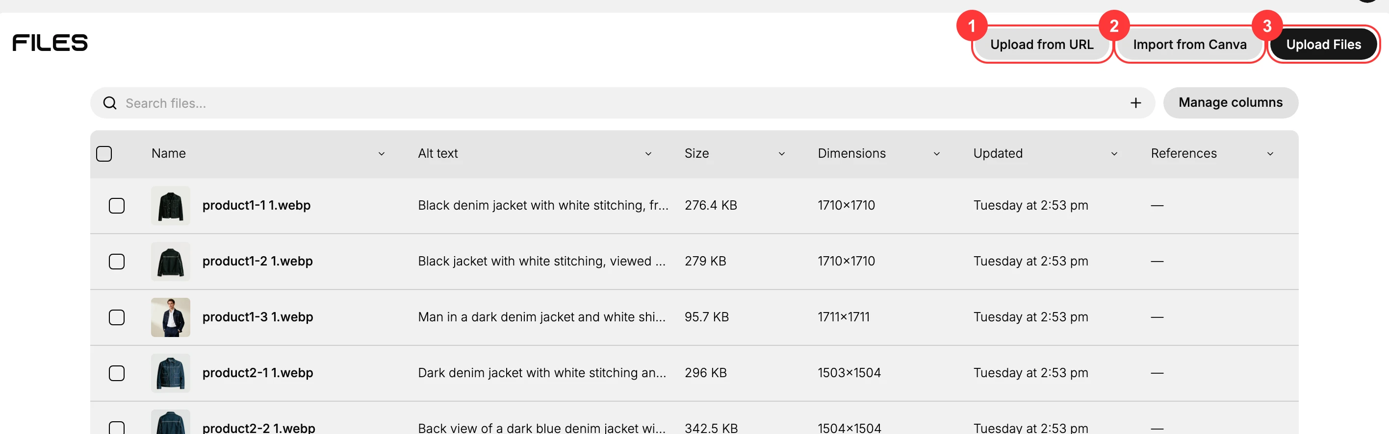 The Files page with the three ways to add a file: (1) Upload from URL, (2) Import from Canva, and (3) Upload Files.