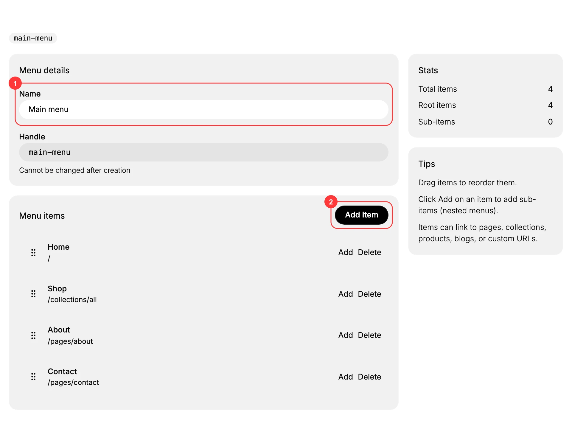 The menu editor with (1) the Name field and (2) the Add Item button, plus the menu items and tips.
