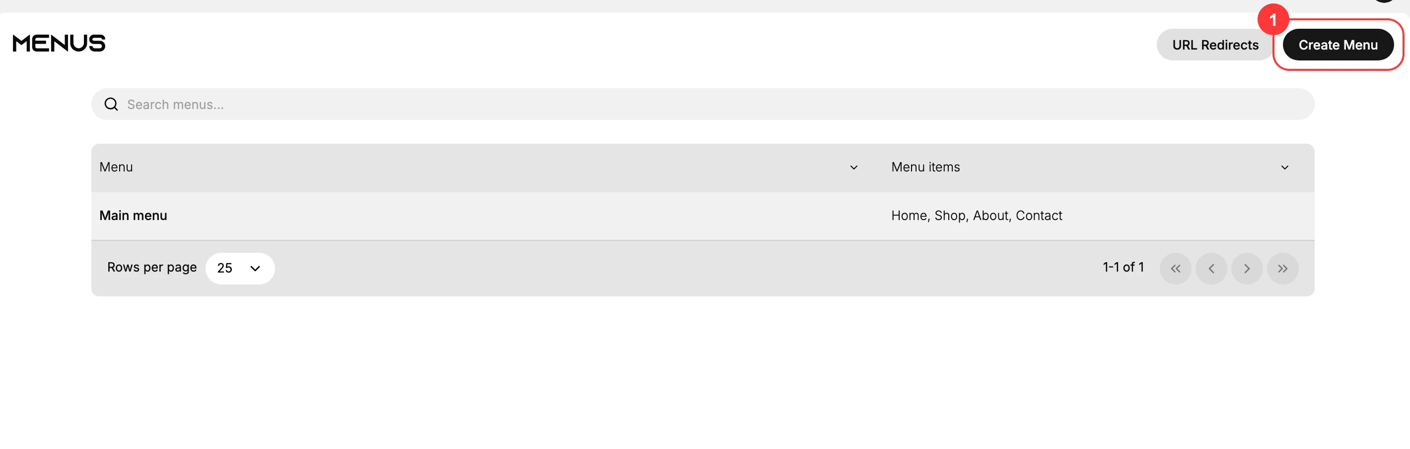 The Menus page with (1) the Create Menu button, and an existing Main menu listed with its items.