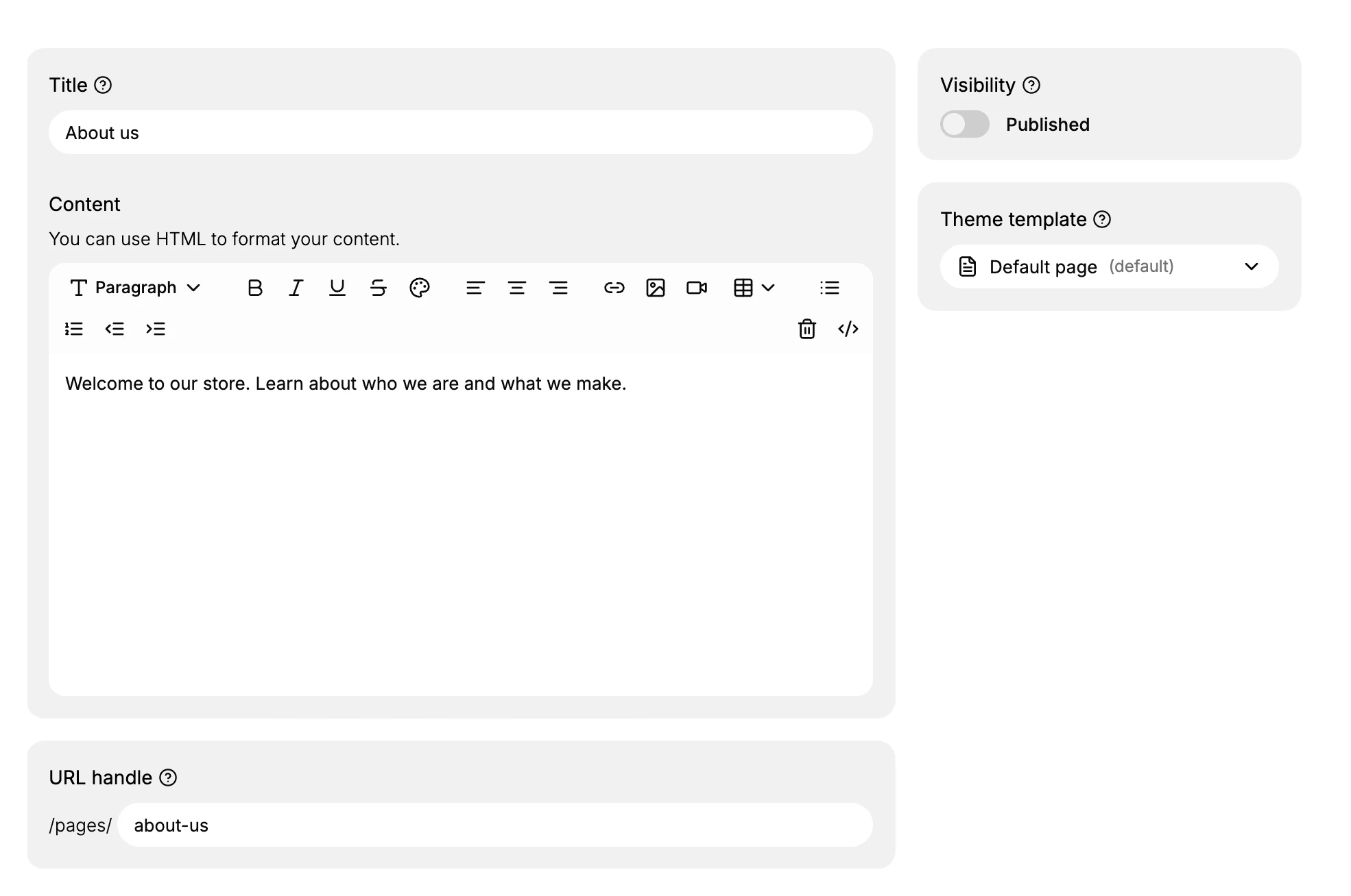 The new page editor: a Title field reading About us, a Content rich text editor with a formatting toolbar and body text, a URL handle of /pages/about-us, and on the right a Visibility toggle set to Published and a Theme template set to Default page.