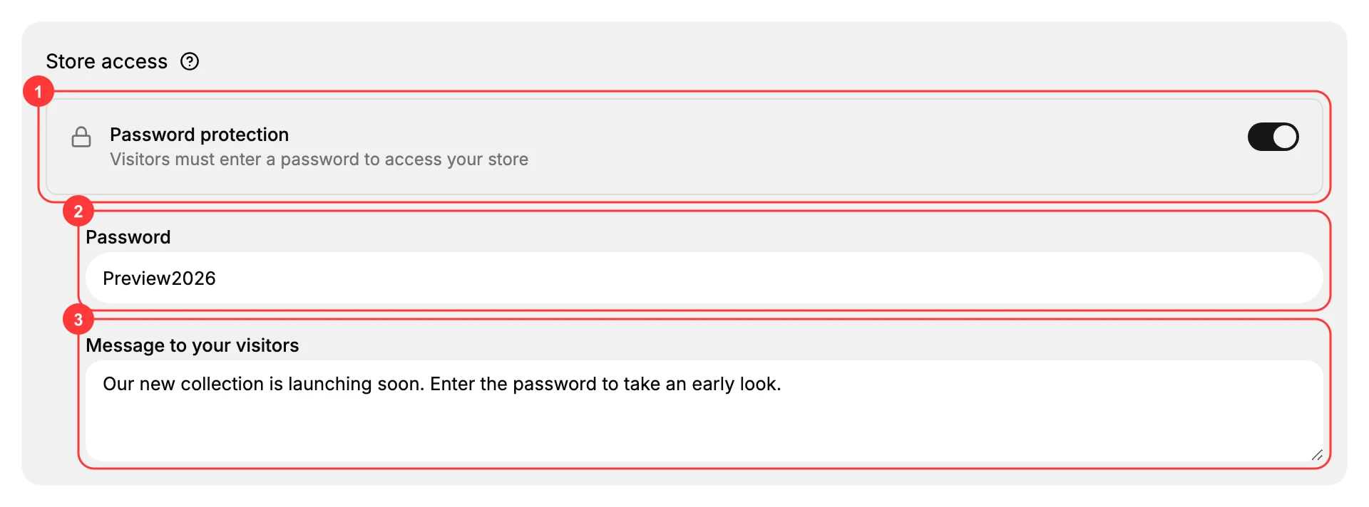 The Store access section with password protection on. The Password protection toggle (1) is on, the Password field (2) holds the password visitors must enter, and Message to your visitors (3) is the note shown on the password page.