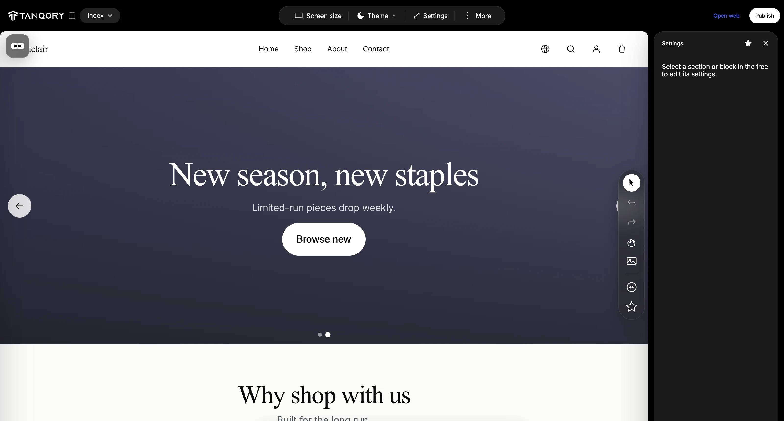The theme builder showing a live preview of the store in the middle, with the storefront home page and its navigation, and a top toolbar with a Screen size control and an Open web link.