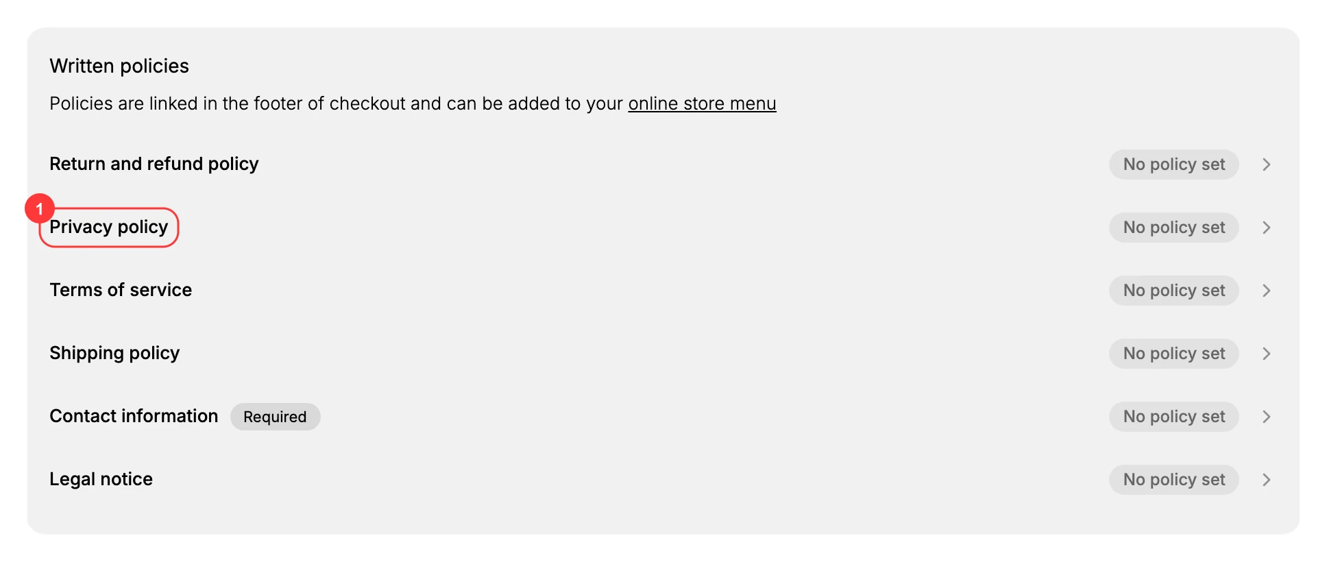 The Written policies section in Settings > Policies. Privacy policy (1) sits among your store other written policies, each showing No policy set until text is added. Select it to open the editor and save your policy.