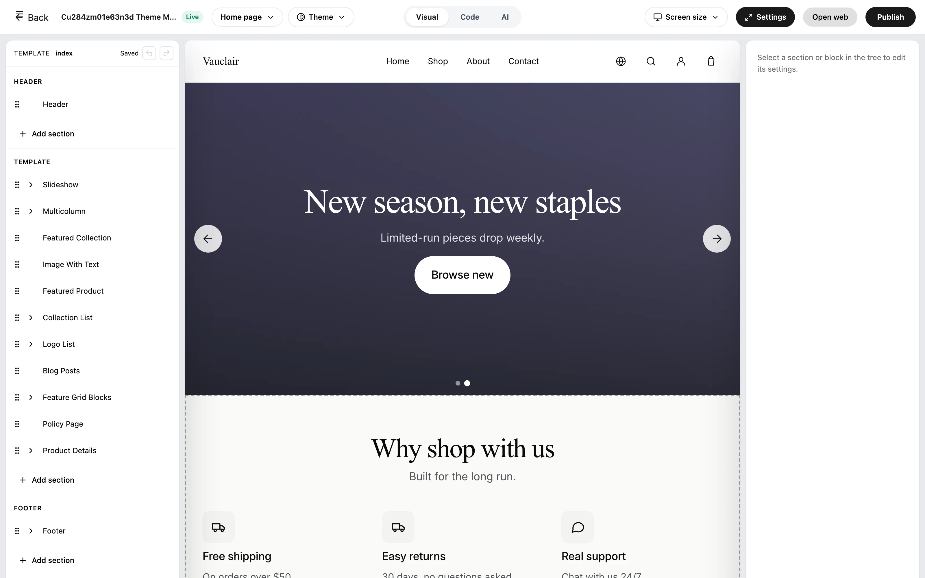 The theme builder. The top toolbar runs Back, the theme name with a Live badge, Home page, Theme, the Visual, Code, and AI mode switch, Screen size, Settings, Open web, and Publish. The left panel is the section tree, grouped into HEADER, TEMPLATE, and FOOTER, each group ending in Add section. The middle shows a live preview of the home page, and the right panel reads Select a section or block in the tree to edit its settings.