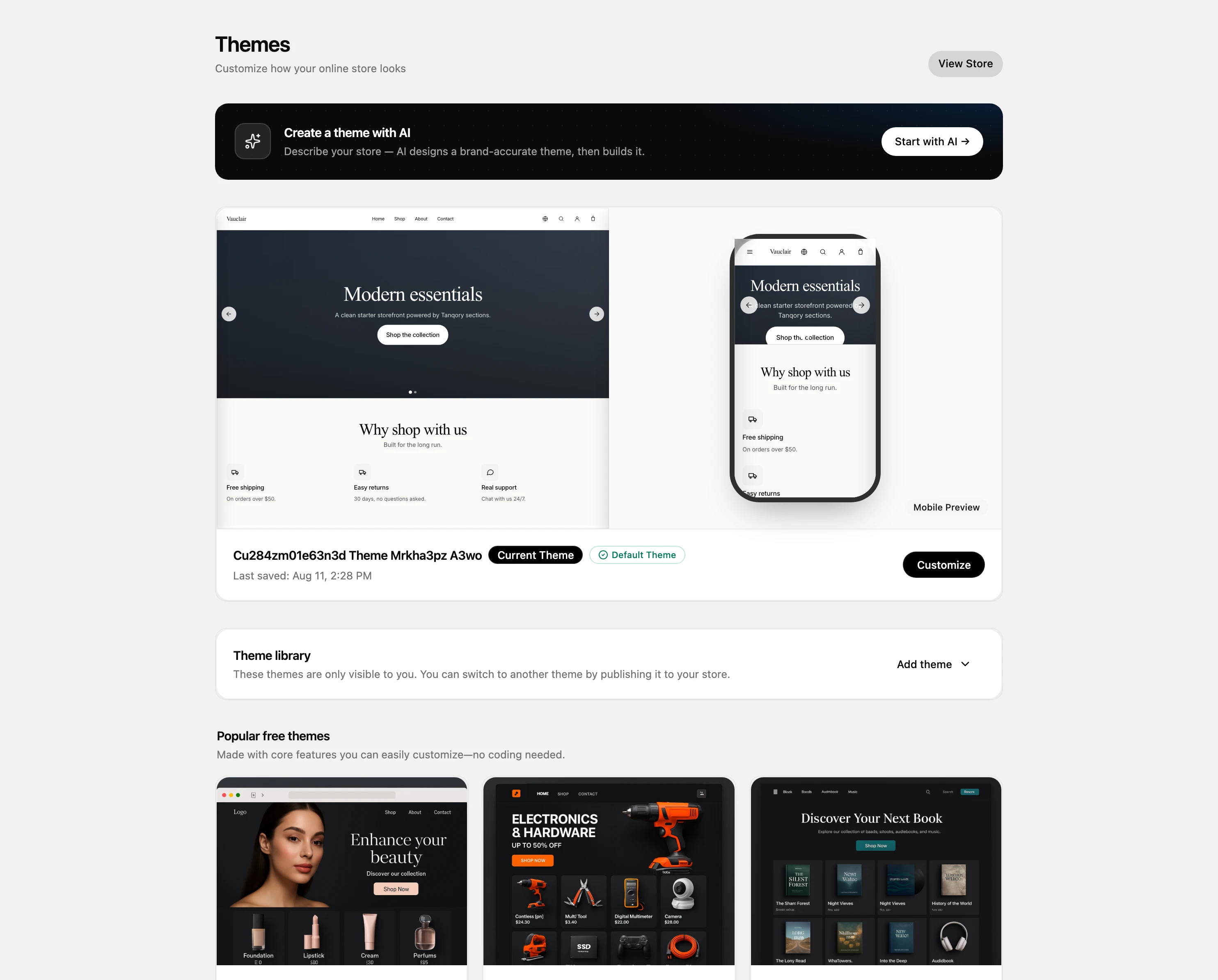 The Themes page, showing the Create a theme with AI banner with its Start with AI action, a desktop and Mobile Preview of the storefront, the current theme card marked Current Theme and Default Theme with its Last saved time and a Customize button, the Theme library with Add theme, and the Popular free themes section below.