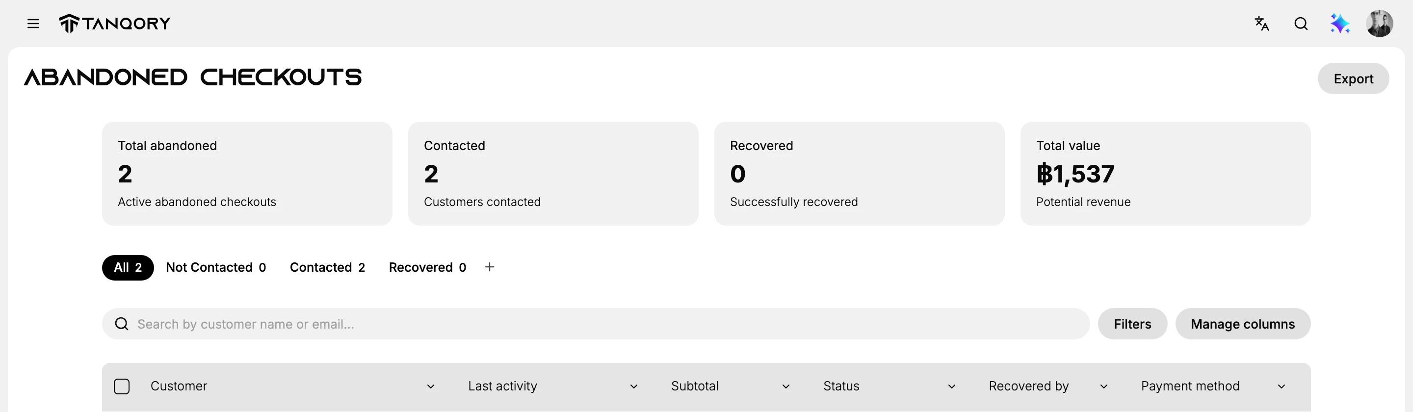 The Abandoned checkouts page: the Total abandoned, Contacted, Recovered, and Total value cards; the All, Not Contacted, Contacted, and Recovered tabs; the search box with Filters and Manage columns; and the Customer, Last activity, Subtotal, Status, Recovered by, and Payment method columns
