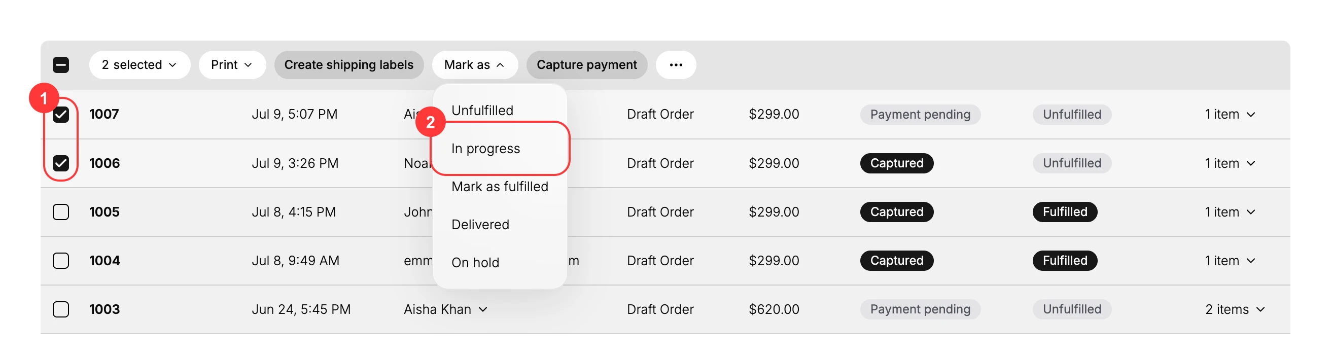 The Orders list with two orders selected and the Mark as menu open, with two controls boxed: (1) the checkboxes of the selected orders and (2) the In progress option in the Mark as menu, which lists Unfulfilled, In progress, Mark as fulfilled, Delivered, and On hold.