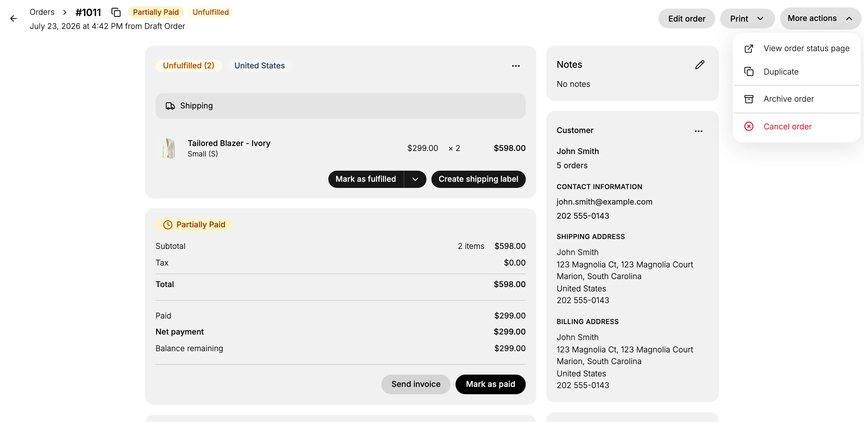 The top of an order in the admin, with the Edit order, Print, and More actions buttons, and the More actions menu open showing View order status page, Duplicate, Archive order, and Cancel order