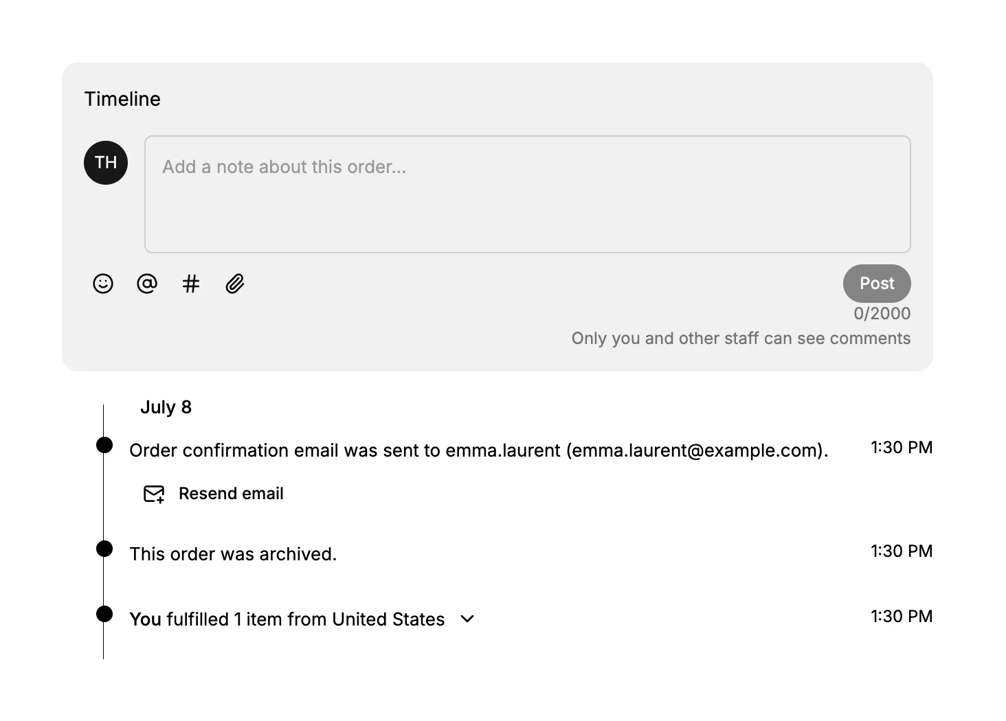 The Timeline on an order: a box to add a note about the order with emoji, mention, tag, and attach icons and a Post button, then the event history under a July 8 date heading, with a confirmation email entry that has a Resend email action, an entry for the order being archived, and an entry for the order being fulfilled, each with a timestamp.