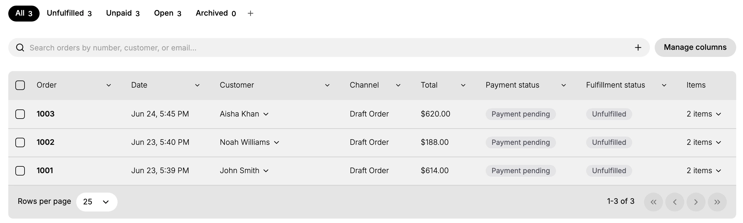 The orders list: the All, Unfulfilled, Unpaid, Open, and Archived tabs, the search box with Manage columns, and the table of orders with their Order number, Date, Customer, Channel, Total, Payment status, Fulfillment status, and Items